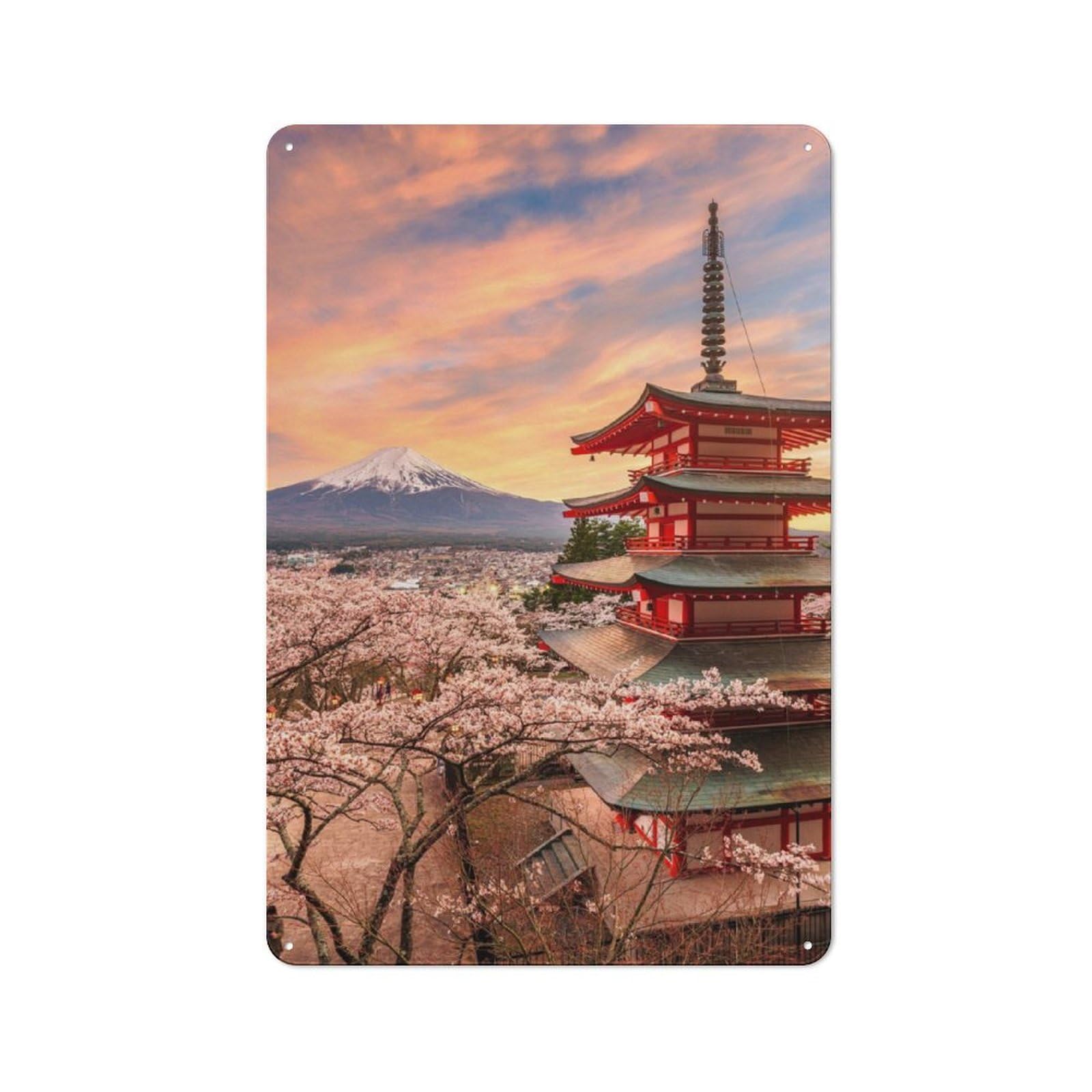 Junmoney Mt Fuji And Pagoda Printed Metal Sign 30X20cm For Living Room Or Hallway, Suited To Hallway Decor Fans
