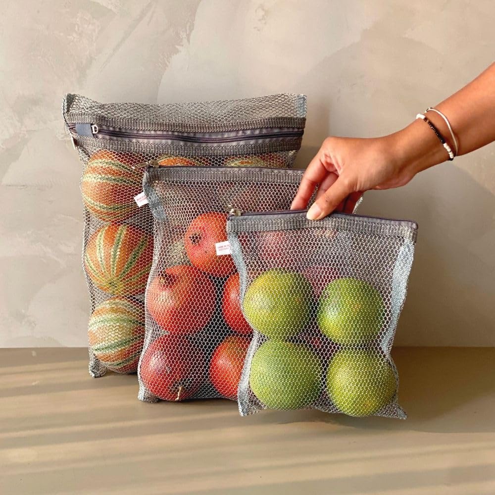 MASON HOME Net/Mesh Premium Grey Zipped Fridge Storage Bag - Set of 3 - L: 15" X 12", M: 12" X 10.5", S: 9.5" X 8.5" | Organize Vegetables, Fruits, Grocery in Kitchen | Higher Airflow & Less Spoilage