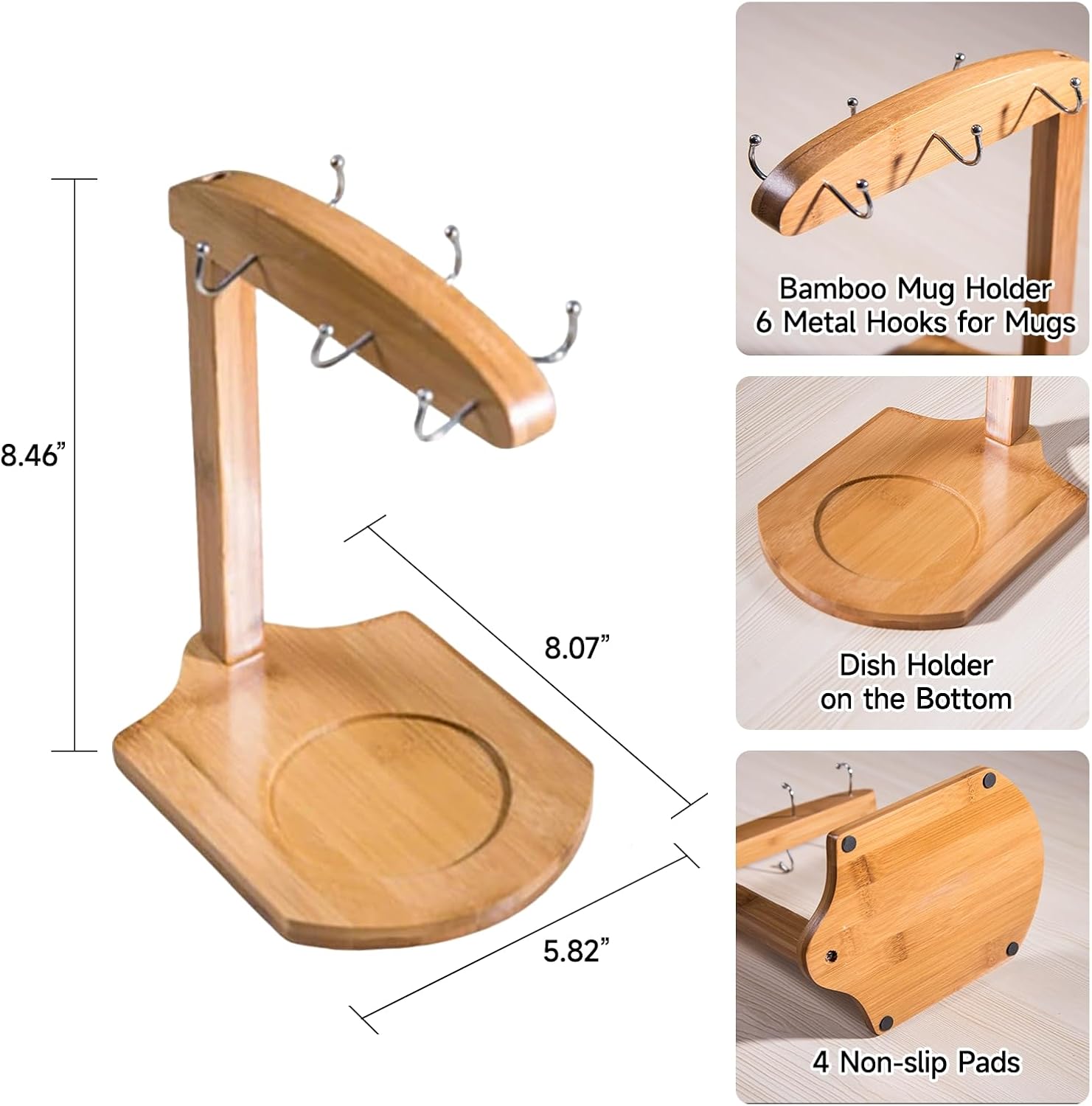 Coffee Mug Tree - Bamboo Mug Holder Hanger Stand for Countertop with Dish Tray Holder, Coffee Cup Rack café Organizer Espresso Shelf for Kitchen Counter Cabinet Station