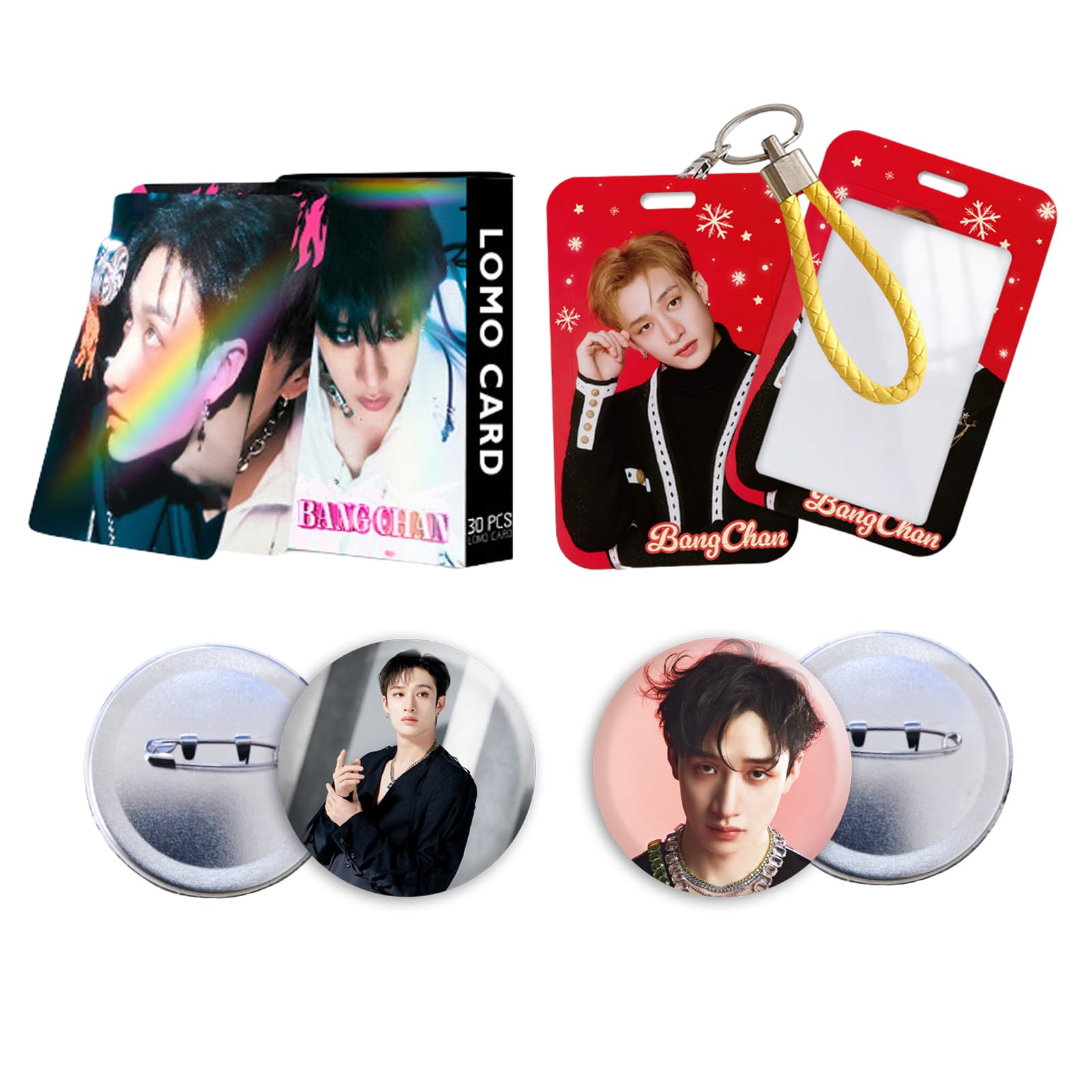 Stray Kids Album Photocards 30 PCS Stray Kids Laser Card 2 pcs Album Stray Kids Button pins 1 pcs Stray Kids id Card Holder (Bang Chan)