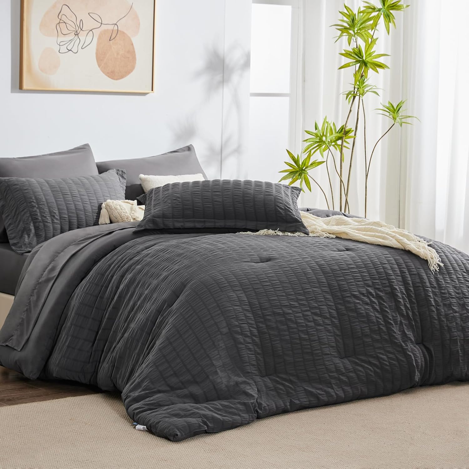 CozyLux King Seersucker Comforter Set with Sheets Dark Grey Bed in a Bag 7-Pieces All Season Bedding Sets with Comforter, Pillow Sham, Flat Sheet, Fitted Sheet, Pillowcase Dark Grey King