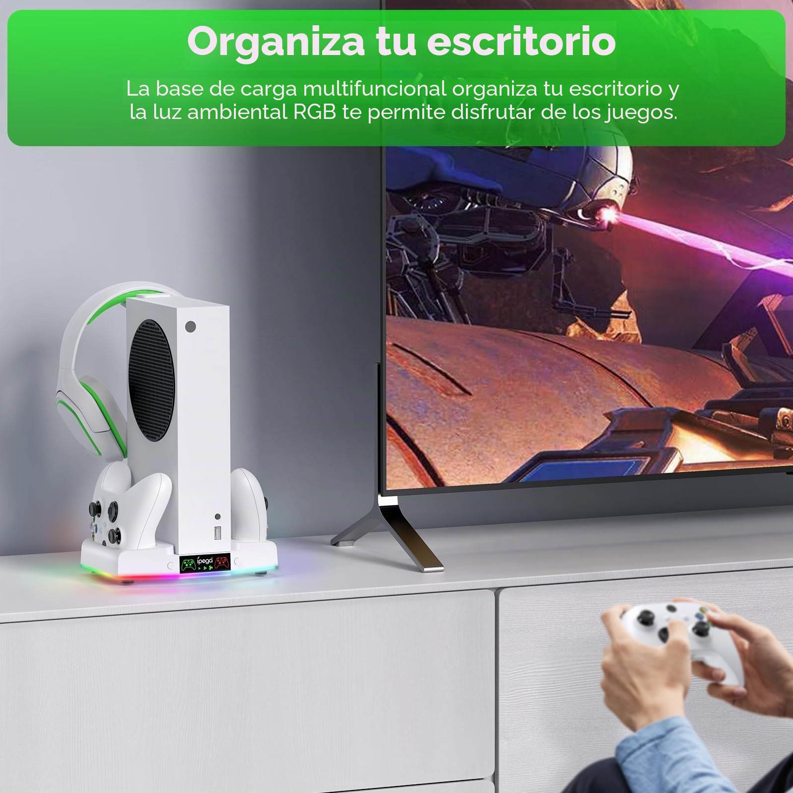 FYOUNG Estación de carga para consola Xbox Series S, accesorio de estación de carga de controlador vertical actualizado con 15 luces RGB, sistema de ventilador refrigerador, 2 baterías recargables de