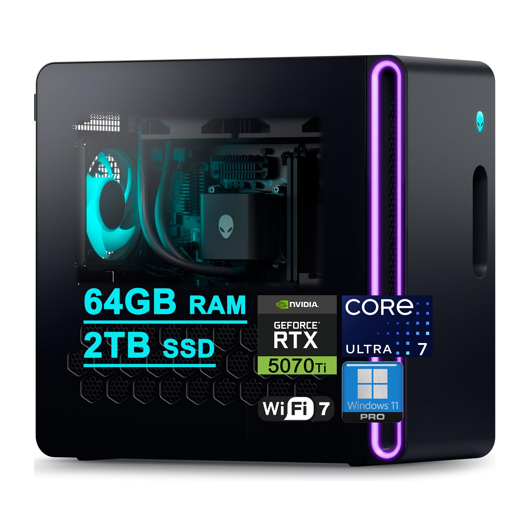 Dell Alienware Aurora ACT1250 Gaming Desktop Intel 20-core Ultra 7 265F (>i7-14700) 64GB RAM 2TB SSD GeForce RTX 5070 Ti 16GB GDDR7 DLSS4 Wi-Fi7 1000W PSU Liquid Cooler for Gaming AI Win11Pro