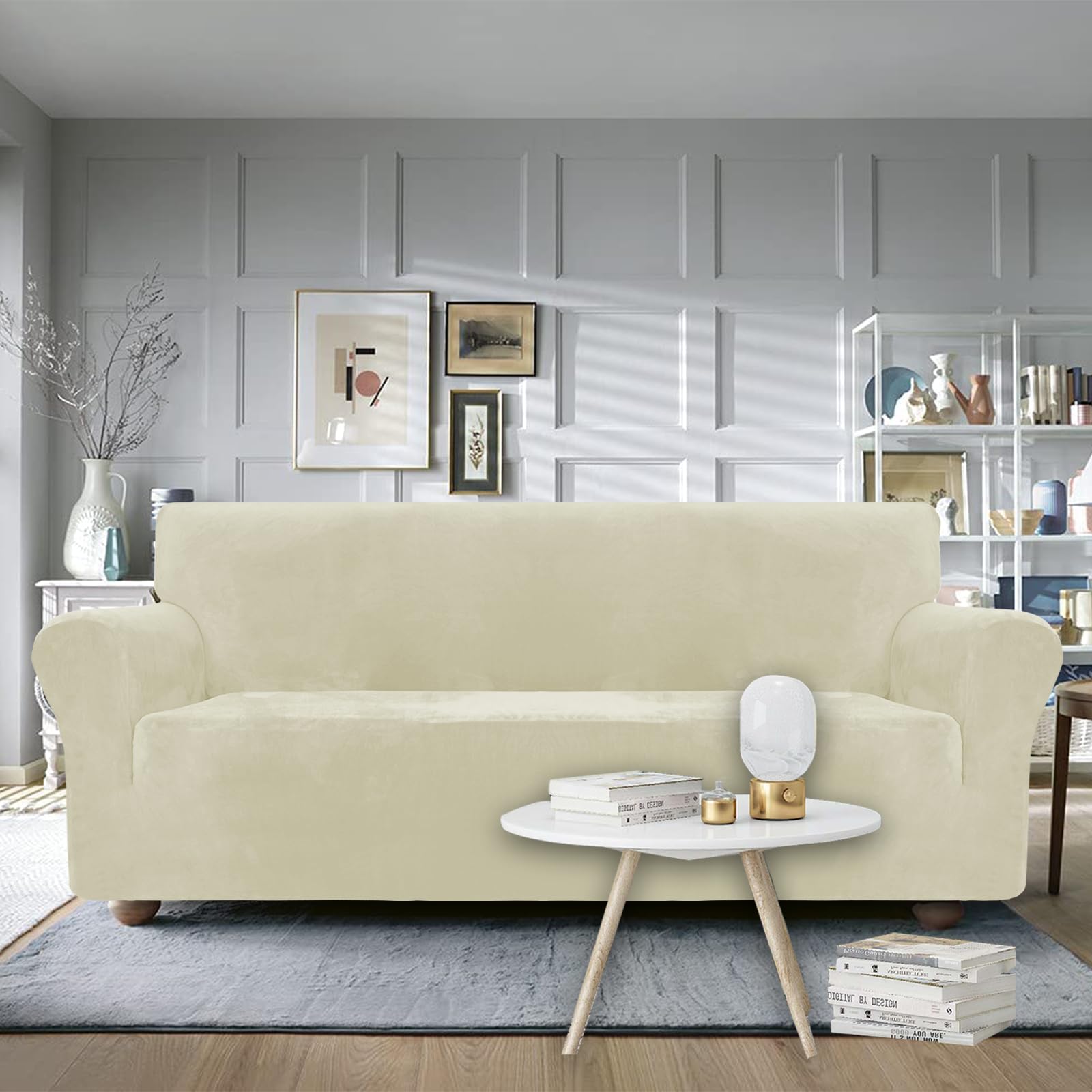 Ystyle Copridivano Velluto, Copri Divano 4 Posti Con Braccioli, Copripoltrona Elasticizzati Antigraffio Gatto, Universale Moderno Sofa Cover Antiscivolo, Lavabile In Lavatrice Beige