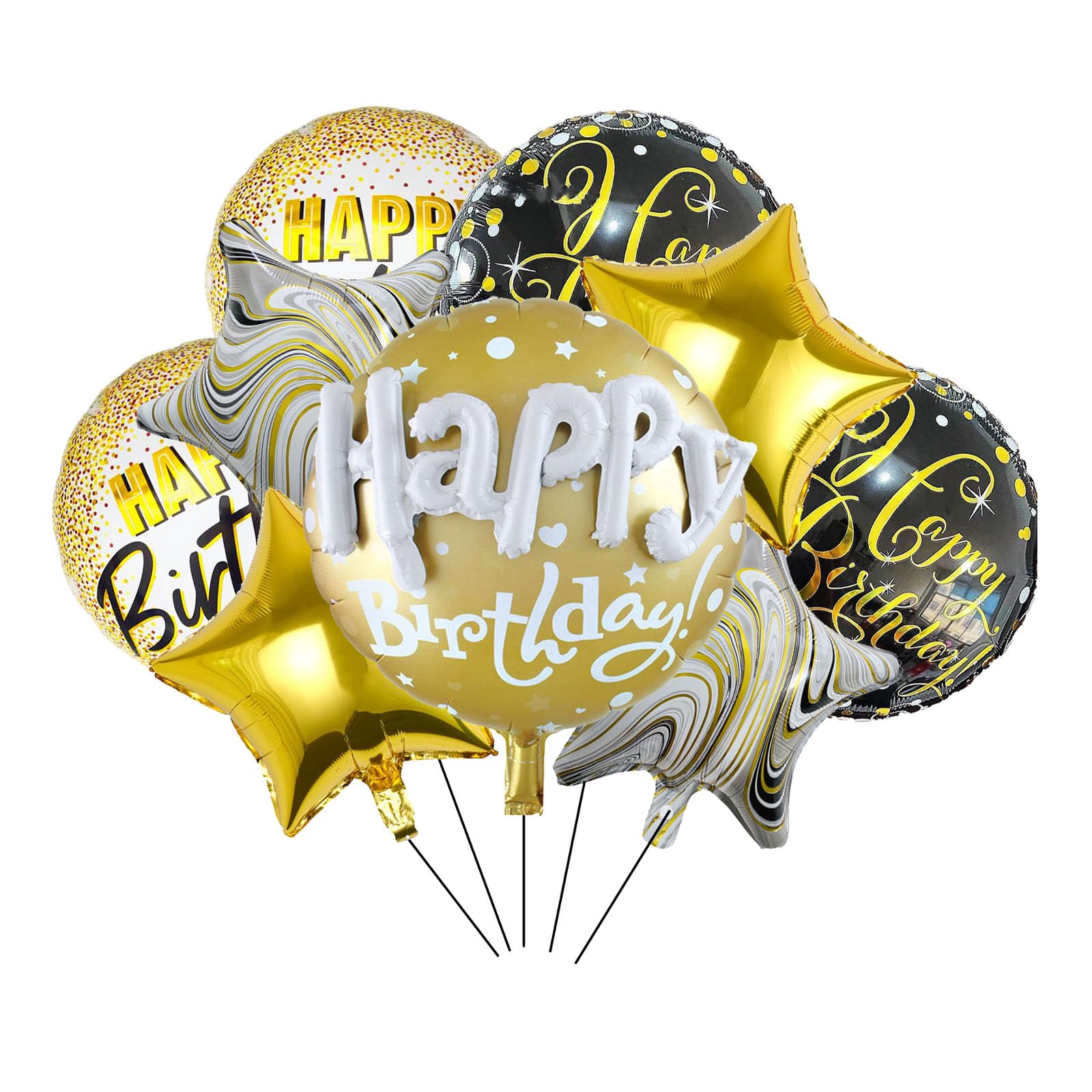 8PCS Happy Birthday Foil Balloons 18inch Black Gold Round Aluminum Mylar Balloon Inflatable Balloons for Birthday Party Decorations Supplies