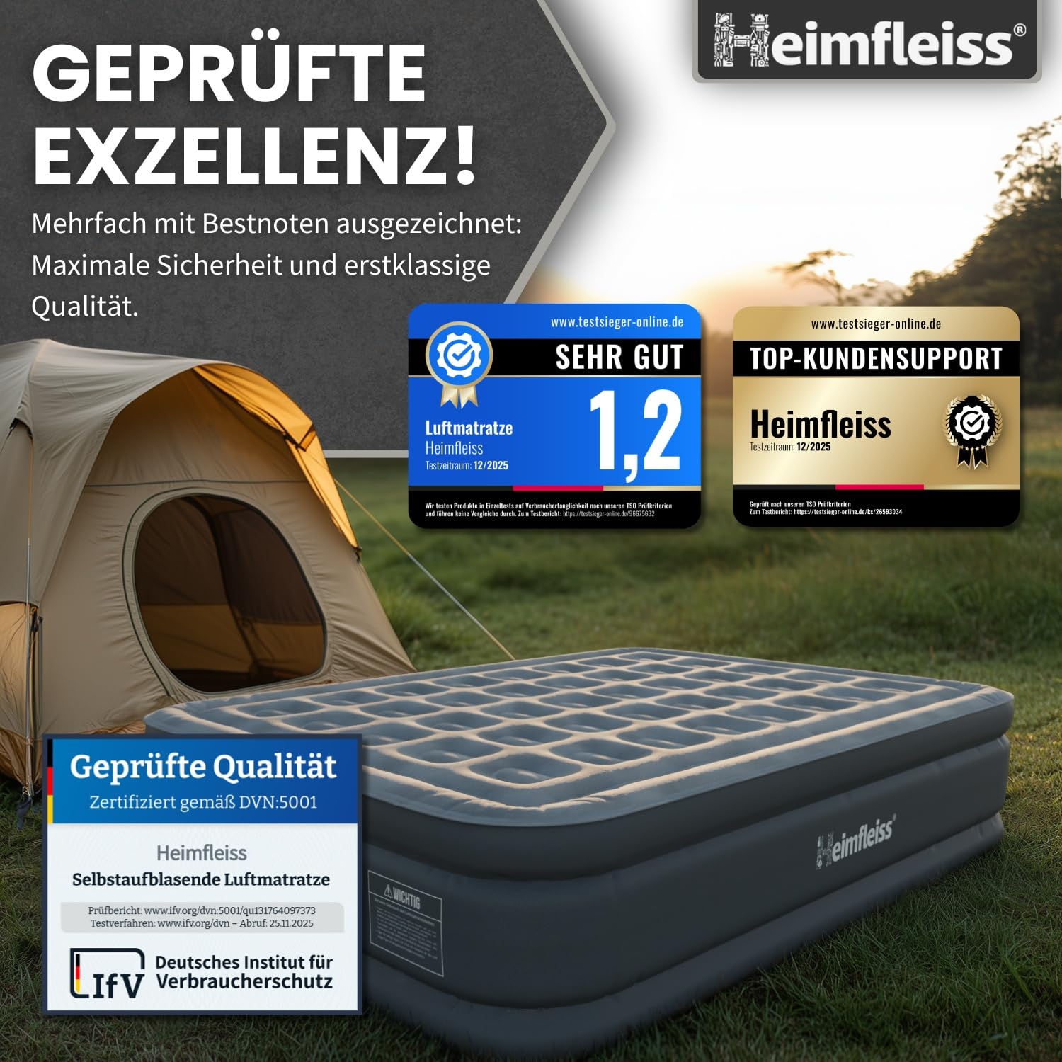 Heimfleiss® Luftmatratze Selbstaufblasend 150x200 cm Premium Luftbett 2 Personen Camping Gästebett mit Pumpe