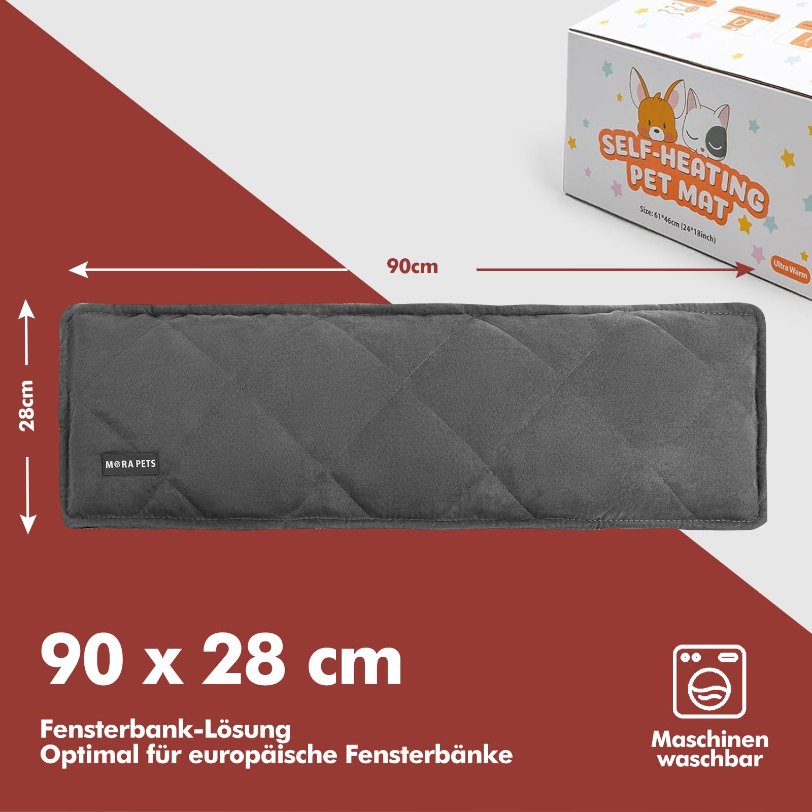 Mora Pets Tappeto riscaldante gatto Coperta autoriscaldante per gatti e cani Tappetino riscaldante Senza elettricità e batterie Coperta termica Rimovibile e Lavabile 90 x 28 cm