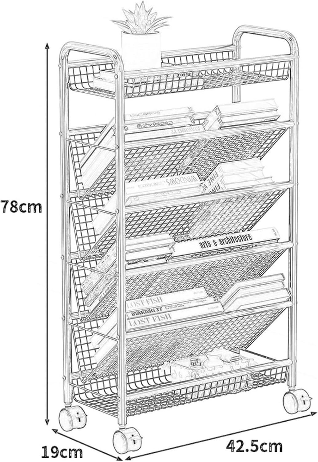 Rolling Book Cart,Mobile Bookshelf with Wheels, Compact Desk Storage Organizer Trolley, Metal Corner Display Shelf Magazine Rack for Home Office Classroom,White-6 Tier