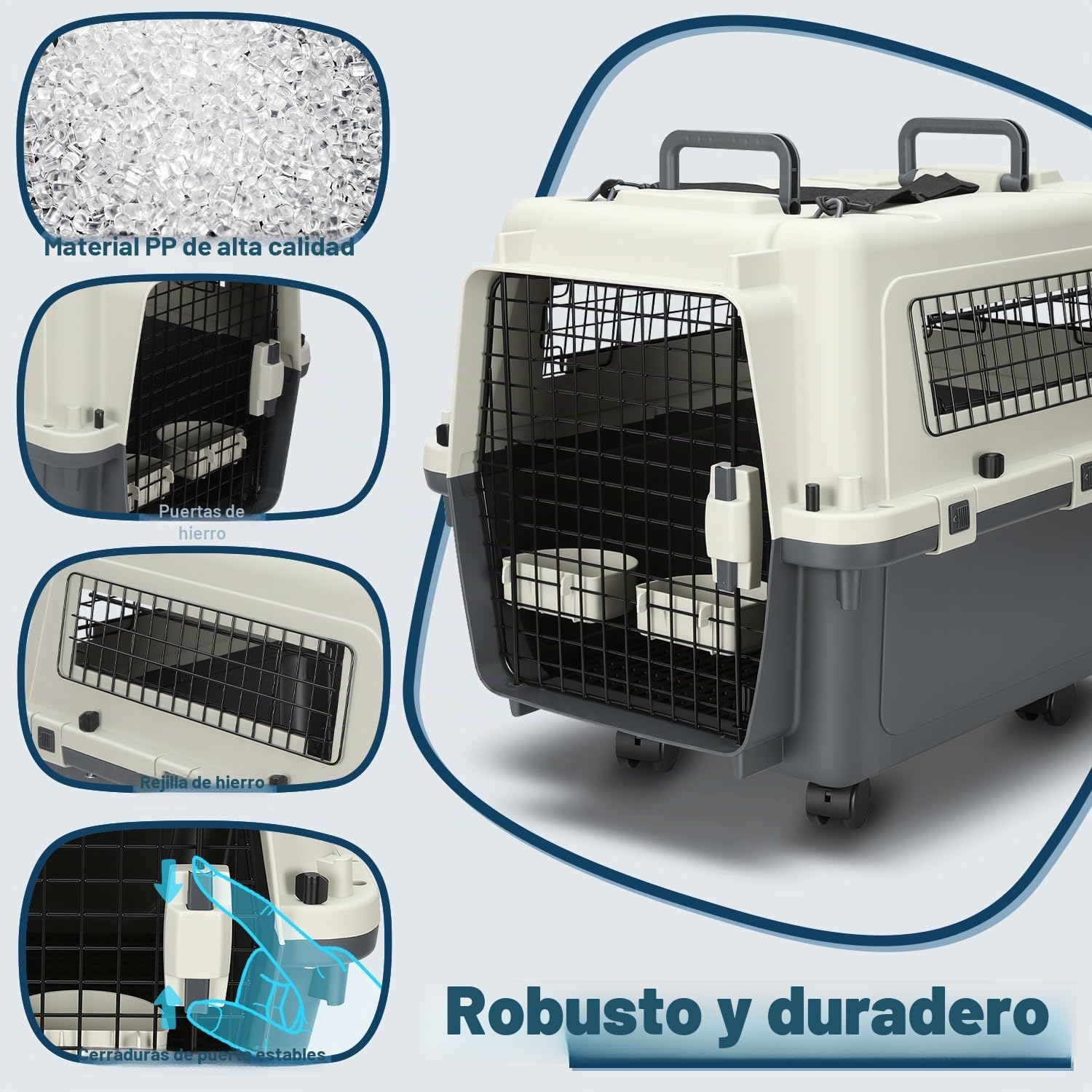 Caja de transporte para mascotas de PP con puerta y ventana de metal con asa de transporte y correa 67,3 * 54,9 * 51,5 cm con 4 ruedas, caja de transporte para gatos y perros con rueda para