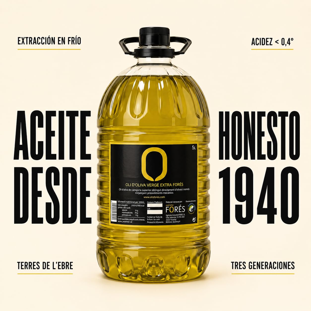 FORÉS | Aceite de Oliva Virgen Extra 5L | AOVE Gourmet Garrafa PET | Extracción en Frío | Sabor Frutado Verde con Amargor y Picante | Reserva de la Biosfera UNESCO Terres de l’Ebre