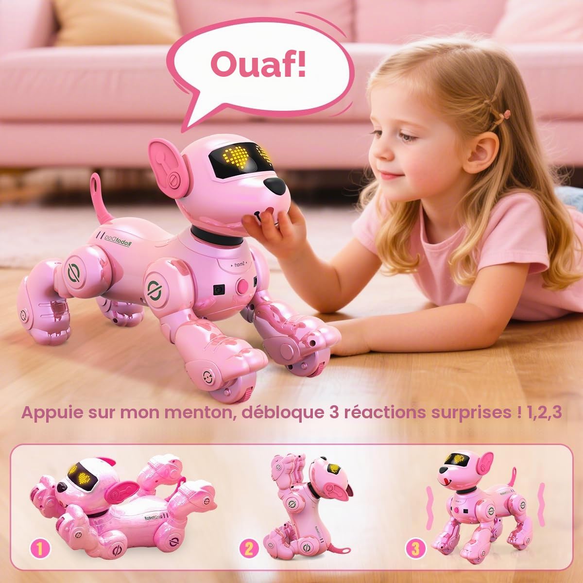 VATOS Chien Robot Rechargeable pour Enfants, Chien Robotisé Télécommandé, Programmable, 17 Fonctions Interactives et Volume Réglable, Jouet Robot Chiot Chantant et Dansant Cadeau pour Enfants, Rose