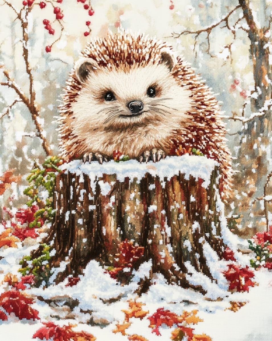 WallustrioaW 11CT Stamped Cross Stitch Kits,Hedgehog in the Snow,DIY Cross Stitch Ornament for Adults Beginners,Embroidery Kits Home Decor,40x50cm