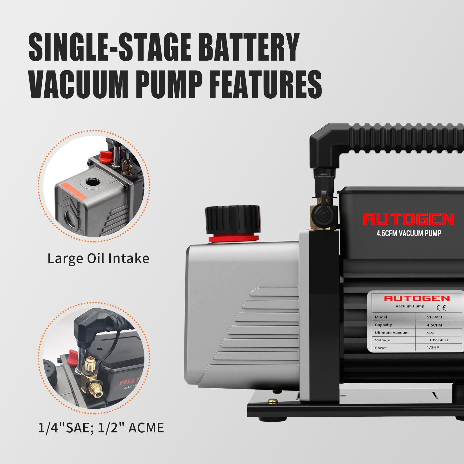 4.5 CFM Single-Stage Rotary Vacuum Pump – 1/3 HP, 110V, For HVAC And Auto AC, With Oil