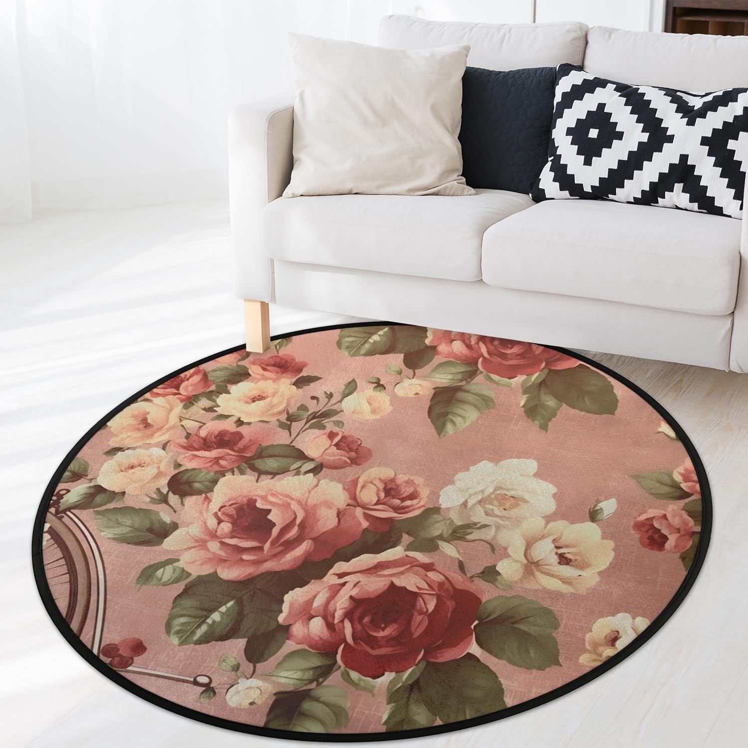 OMFUNS Vintage Rose Round Area Rug Bedroom 3 Ft, Pink Floral Circle Floor Mat Non-Slip Washable Accent Throw Rugs Carpet for Living Room Kids Room