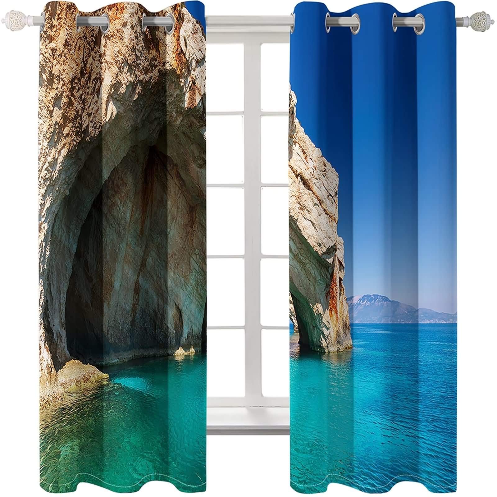 Epinki Zasłony poliestrowe niebieskie klif morze zasłony do sypialni zaciemniające, dostępne w 21 rozmiarach, rozmiar 274 x 160 cm