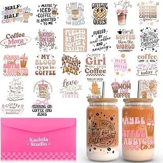 Kaciola Studio 26 Sheets Coffee UV DTF Cup Wrap -Ice Coffee Theme DTF Cup Wraps for 16 oz Glass Mugs, UV DTF Decals Waterproof Rub on Transfer Stickers DIY Mug Glasses Crafting