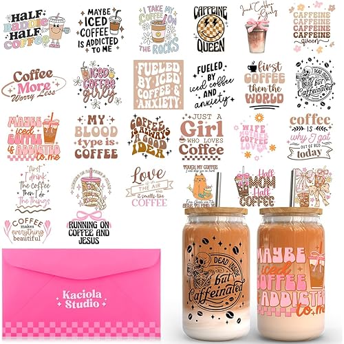 Kaciola Studio 26 Sheets Coffee UV DTF Cup Wrap -Ice Coffee Theme DTF Cup Wraps for 16 oz Glass Mugs, UV DTF Decals Waterproof Rub on Transfer Stickers DIY Mug Glasses Crafting