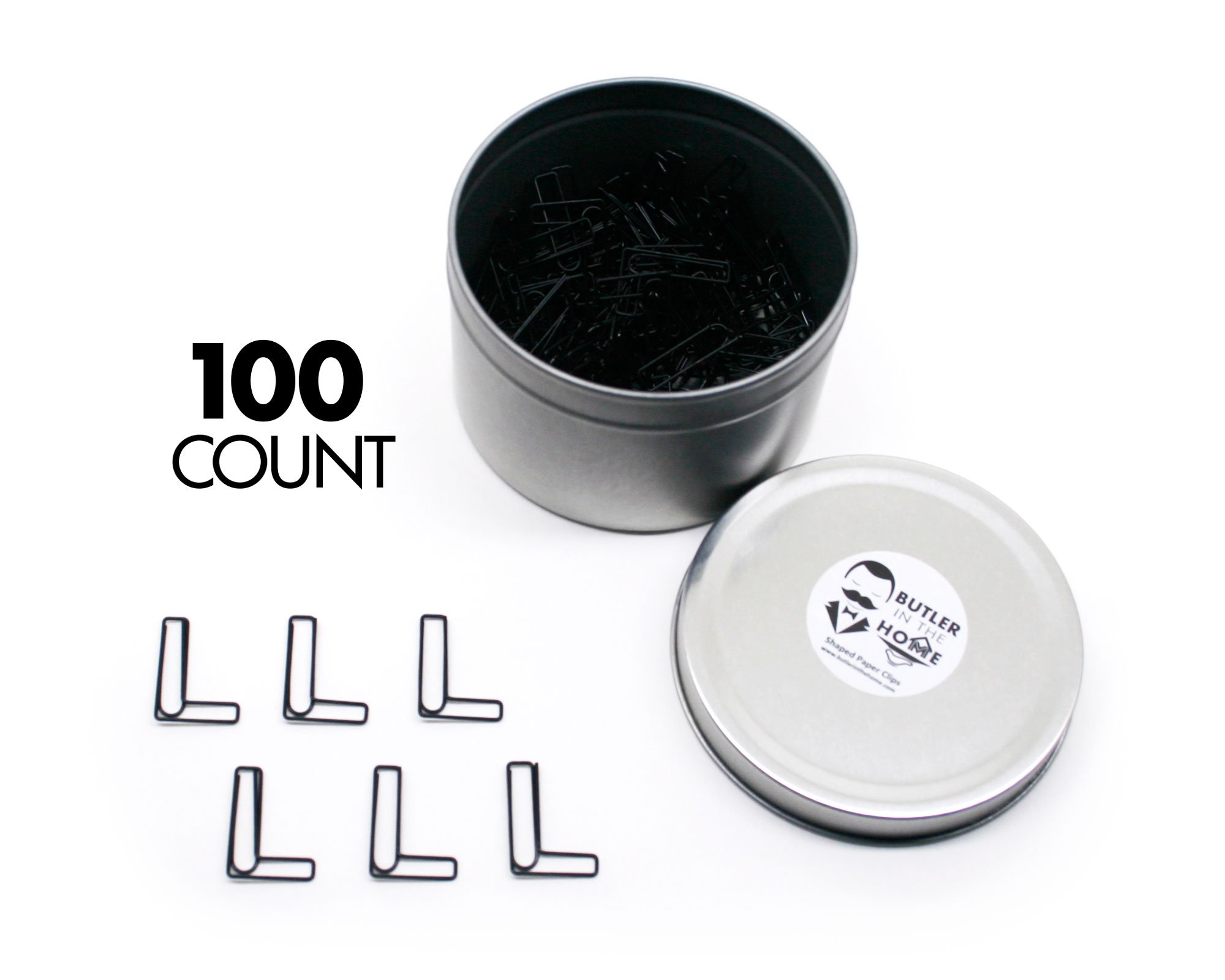 Butler in the Home Pick Your Favorite A-Z Alphabet Letter or 0-9 Number - 100 Count Black Colored Paper Clips for Initials or Birthdate - Comes in Round Tin with Lid and Gift Box (Letter L)
