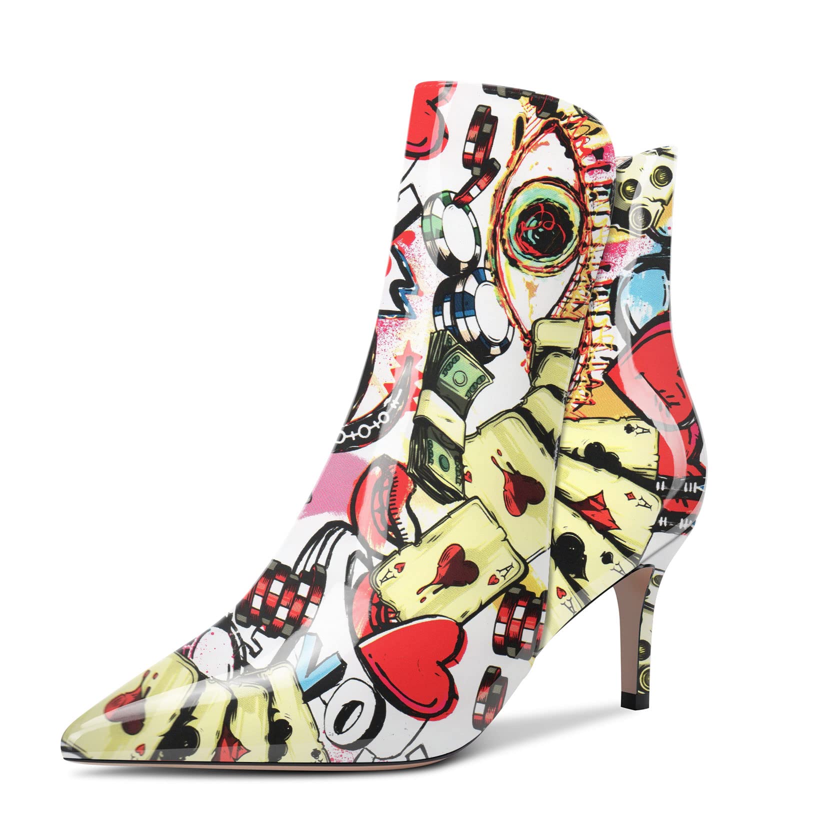 Aachcol Women Ankle Boots Short Bootie Close Pointed Toe Slip-on Stiletto Mid Heel Patent Zipper 2.5 Inch