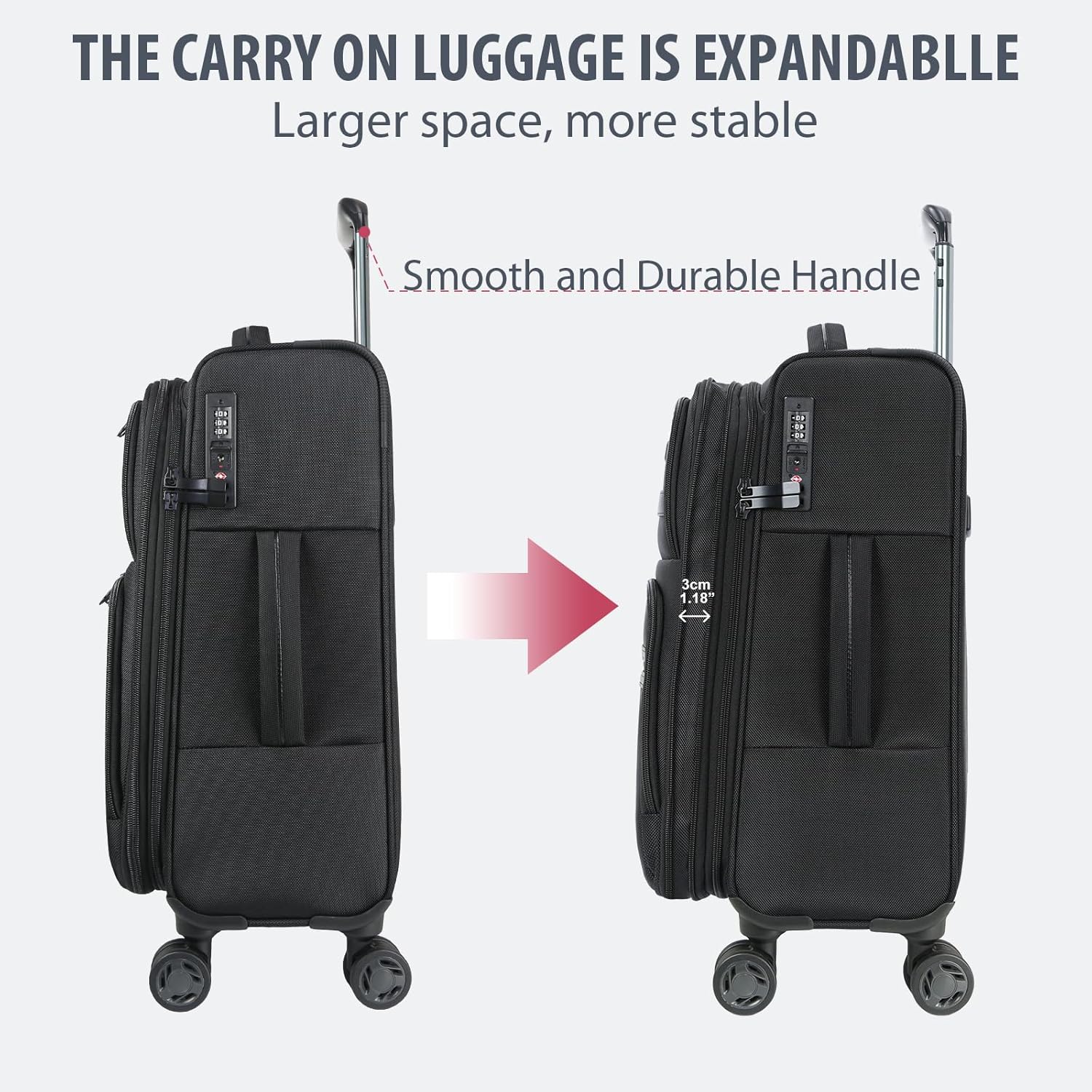 KROSER Softside Expandable checked Luggage with Front Business Pockets，24 Inch Suitcases with Spinner Wheels & Built-in TSA Lock, Durable Suitcase Rolling Luggage, Black