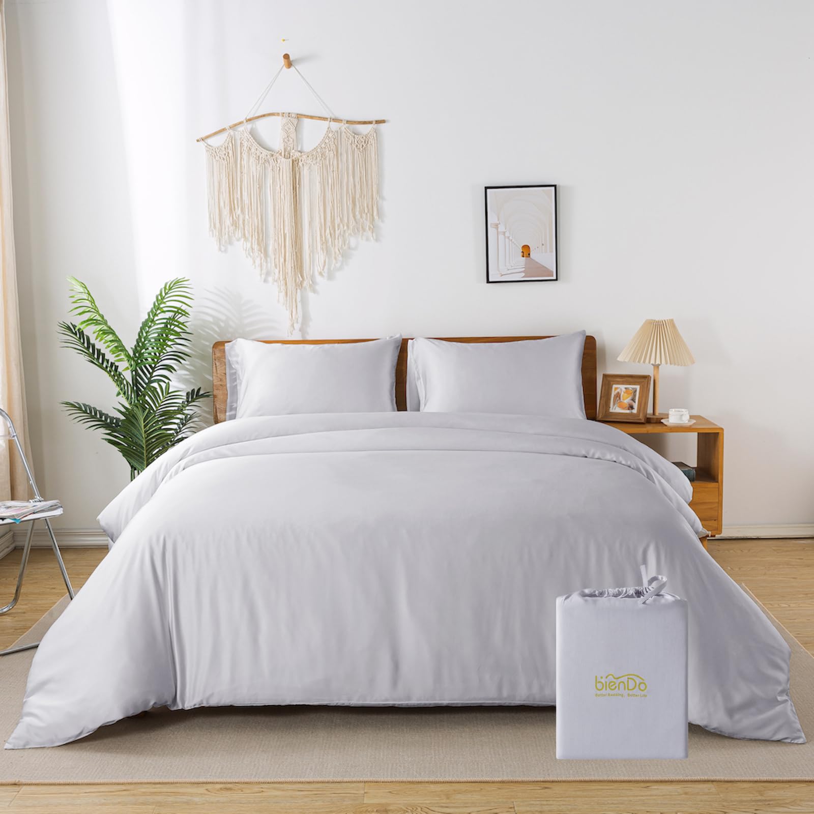 bienDo Bettwäsche 155x220, Luxus Bambus - Vegan Seide, 1 Bettbezug und 1 Kissenbezug Set, Kühlend, Allergiker, Weich und Atmungsaktiv - Hellgrau