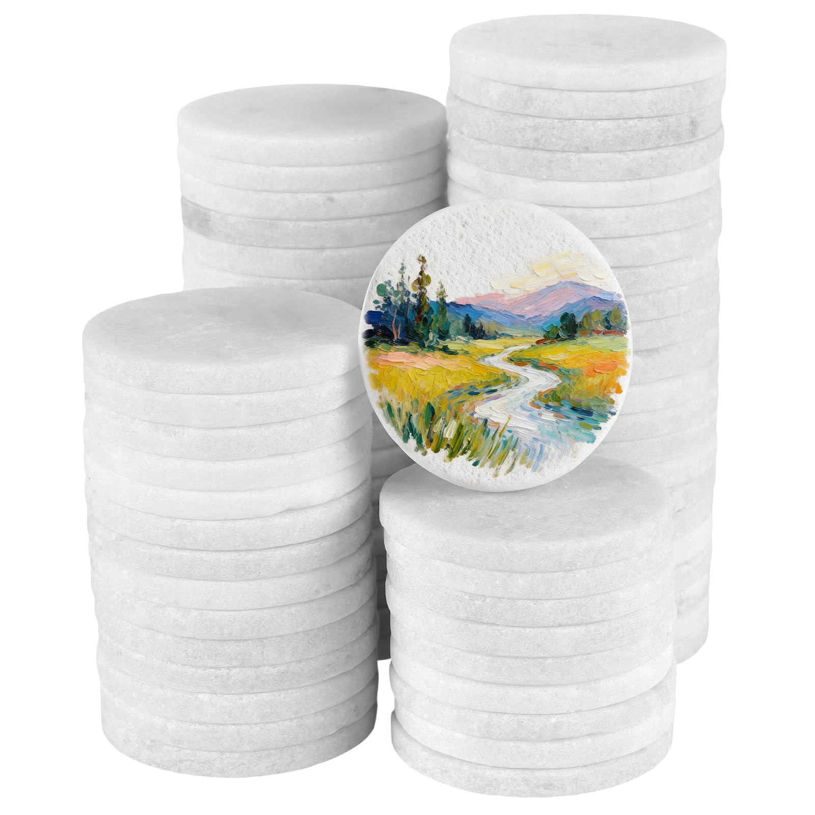 Lot de 65 pierres plates blanches à peindre, en pierre naturelle, rondes, diamètre : 5 cm, surface lisse, pour l'art et le bricolage, pierres décoratives pour jardin et aquarium