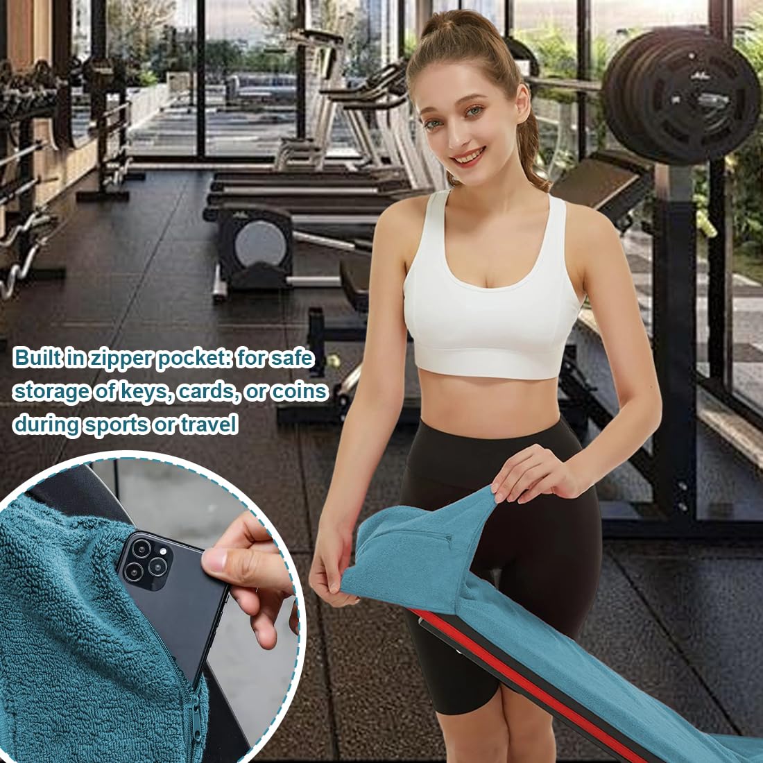 Toalla de Fitness con Bolsa de Microfibra, Toalla de Deporte Toallas de Microfibra con Bolsillo con Cremallera, Toalla de Gimnasio, Gym Towel