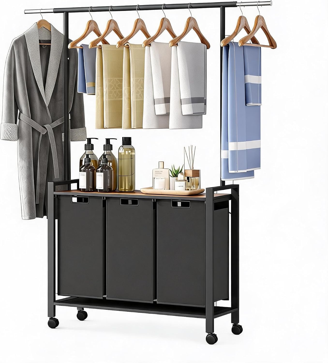3-Section Rolling Laundry Sorter Cart - Hanging Bar Hamper for Laundry Room