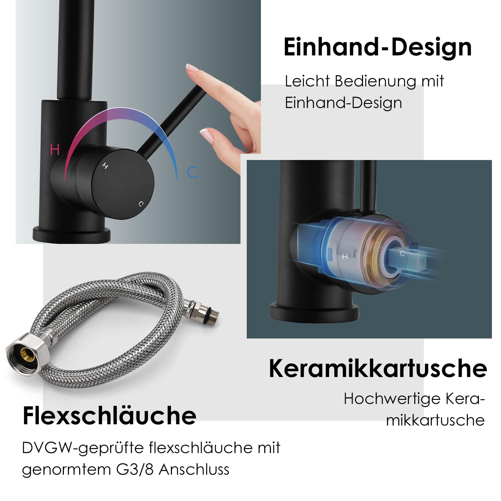 Wasserhahn Bad Küche Schwarz - 360° Drehbarer Einhebelmischer Edelstahl