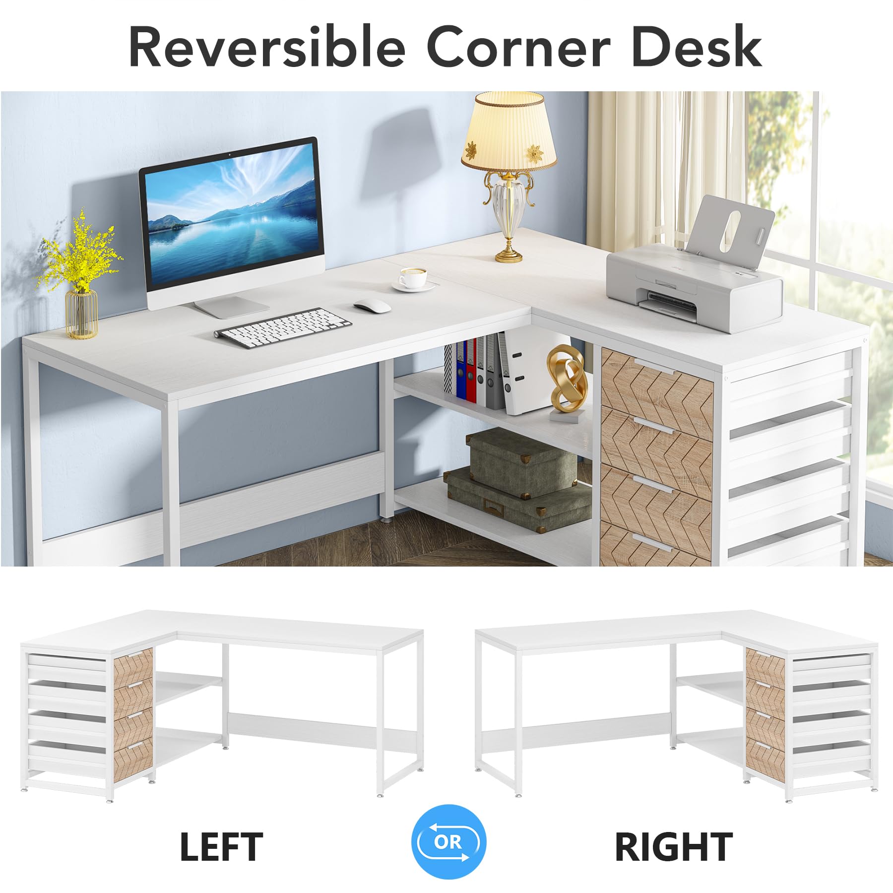 Tribesigns Schreibtisch mit 4 Schubladen, L-förmiger Computertisch mit 2 Ablagen, Reversible Eckschreibtisch für Büro,Arbeitszimmer, Wohnzimmer,155×110×75cm (weiß)