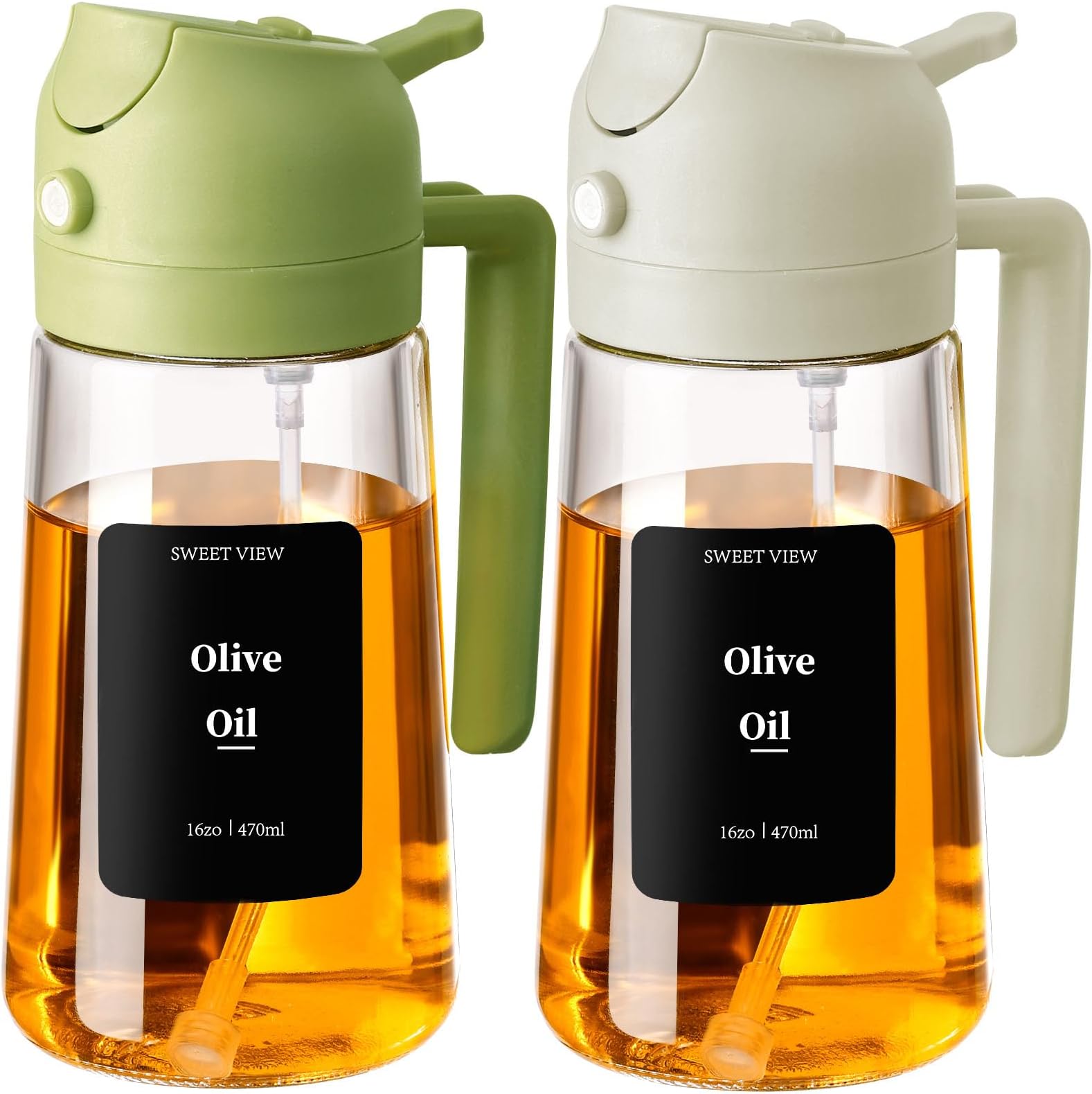 2PCS Oil Spray Bottle, 470ml 2 In 1 Glass Oil Sprayr & Pour for Kitchen, Air Fryer, Cooking, Salad, BBQ (Green,White)