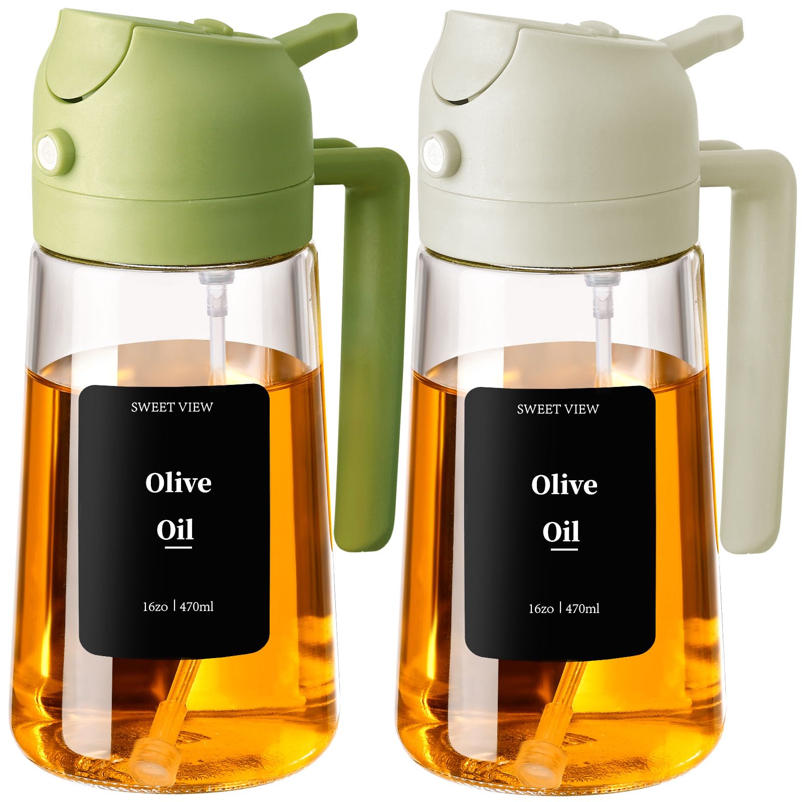 2PCS Oil Spray Bottle, 470ml 2 In 1 Glass Oil Sprayr & Pour for Kitchen, Air Fryer, Cooking, Salad, BBQ (Green,White)