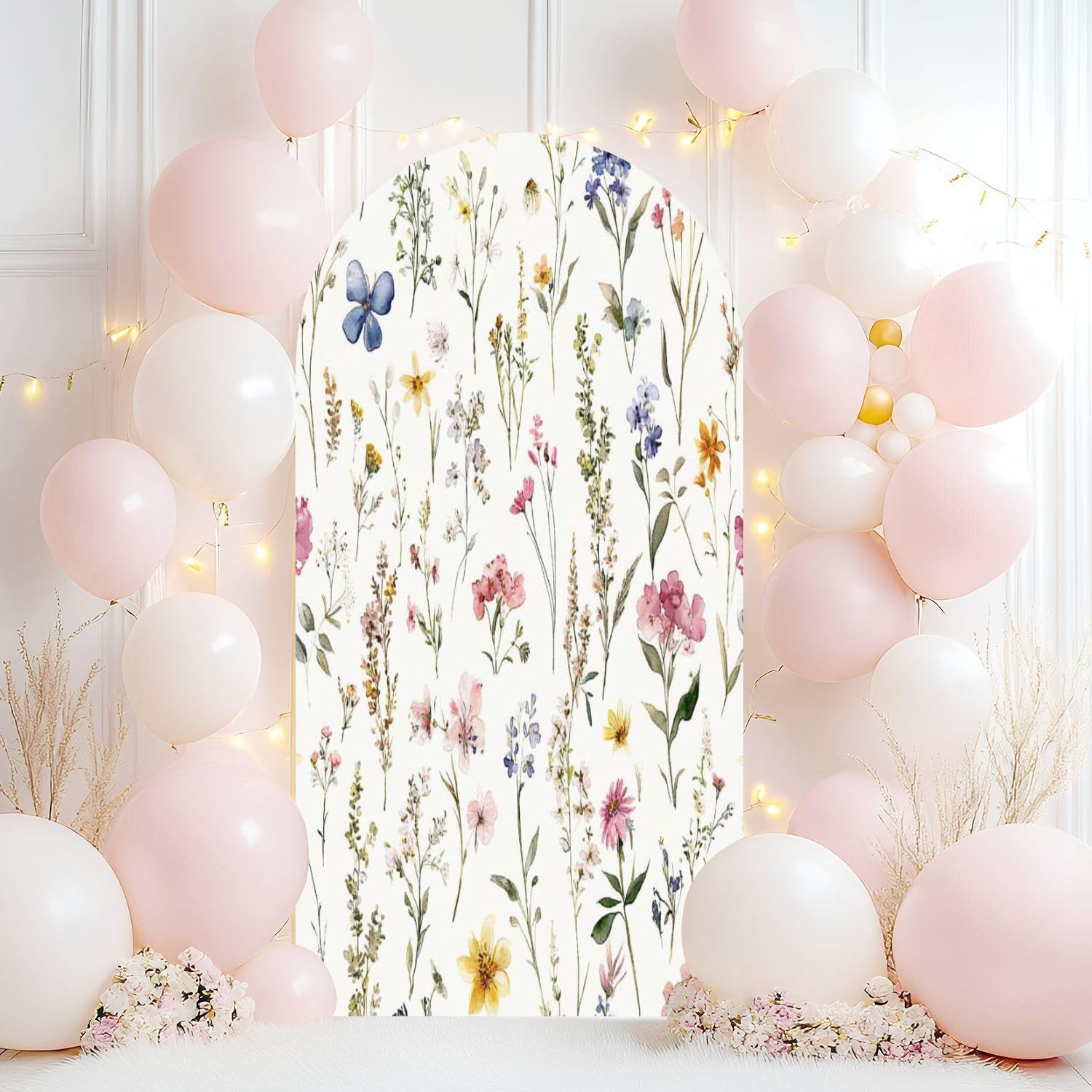 Wedding Arch Backdrop Cover 7.2FT Watercolor Floral Seamless Fabric Hand Greenery Wildflowers Herbs Spandex Fitted Arch Cover Round Top Stands Cover for Birthday Party Ceremony Banquet Decoration Color7 7.2x4 FT