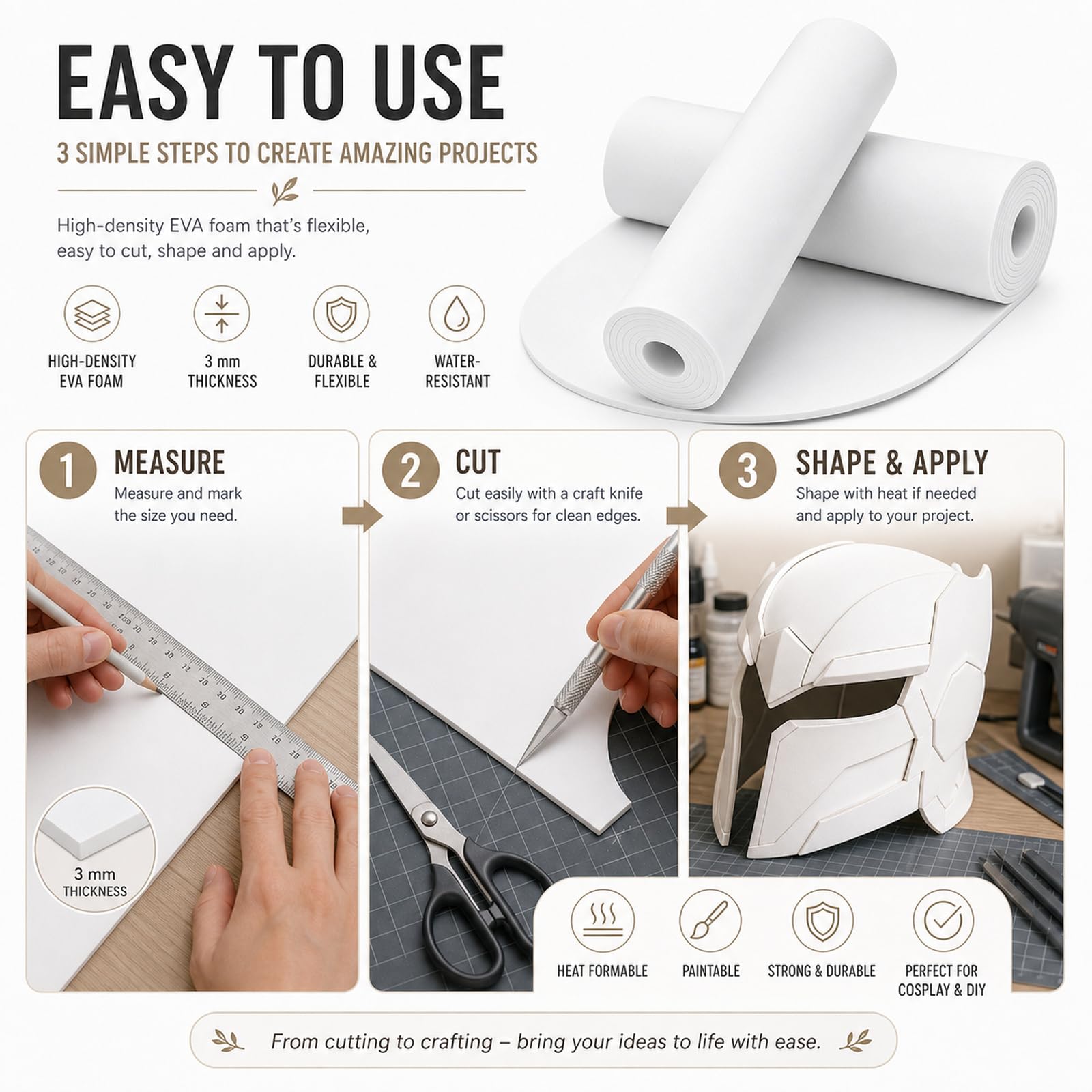 STARVAST Lot de 2 rouleaux de 3 m en mousse EVA - Plaque en mousse EVA de 2 mm - Planche de bricolage blanche pour art et artisanat, costumes de cosplay et protection murale - Mousse malléable pour le