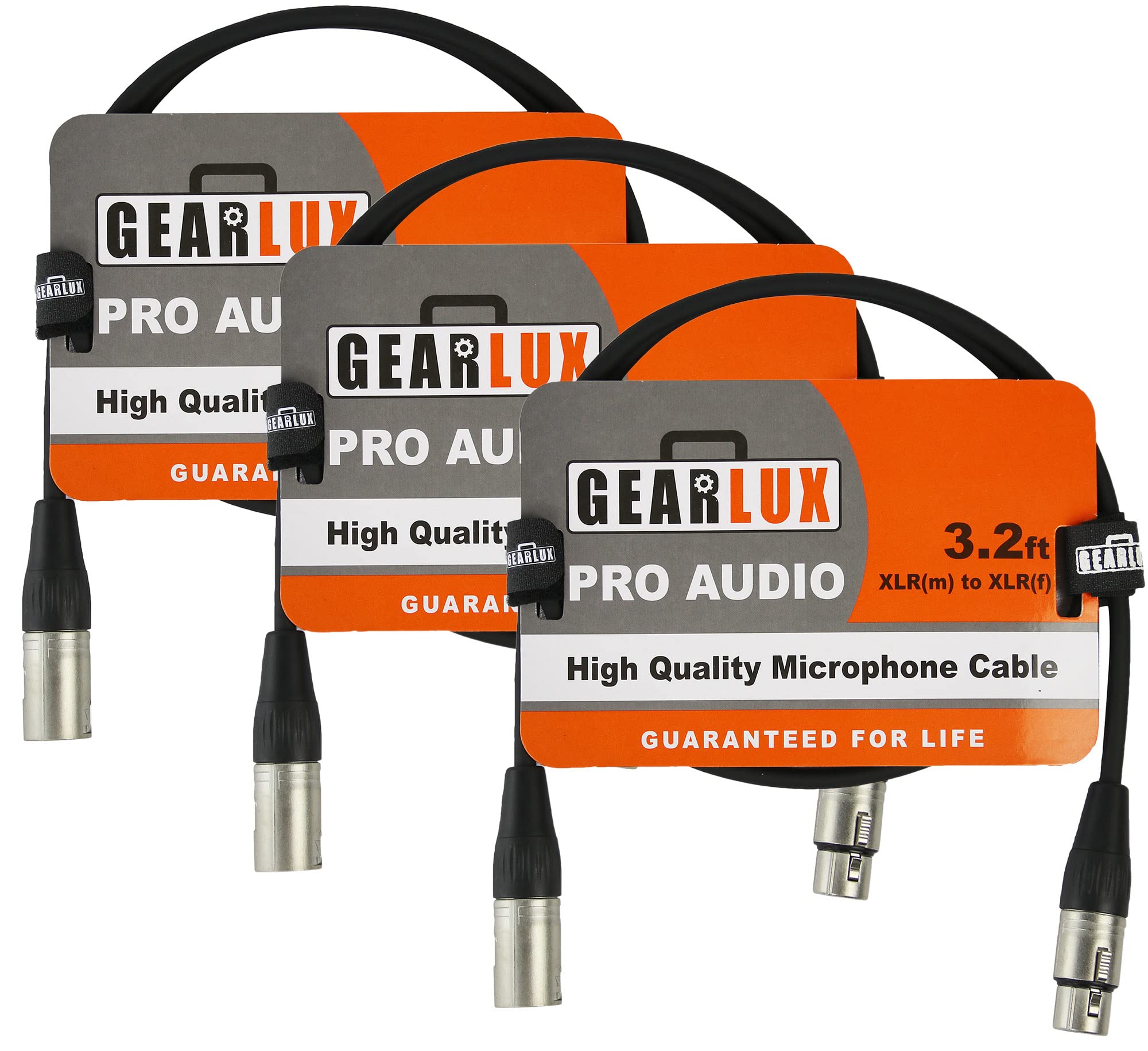 Gearlux XLR Microphone Cable, Fully Balanced, Male to Female, 3.2 Feet - 3 Pack