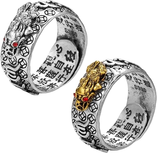 Peticehi Anillo Feng Shui Pixiu Mantra para - Anillo ajustable Pixiu Mantra de la Suerte