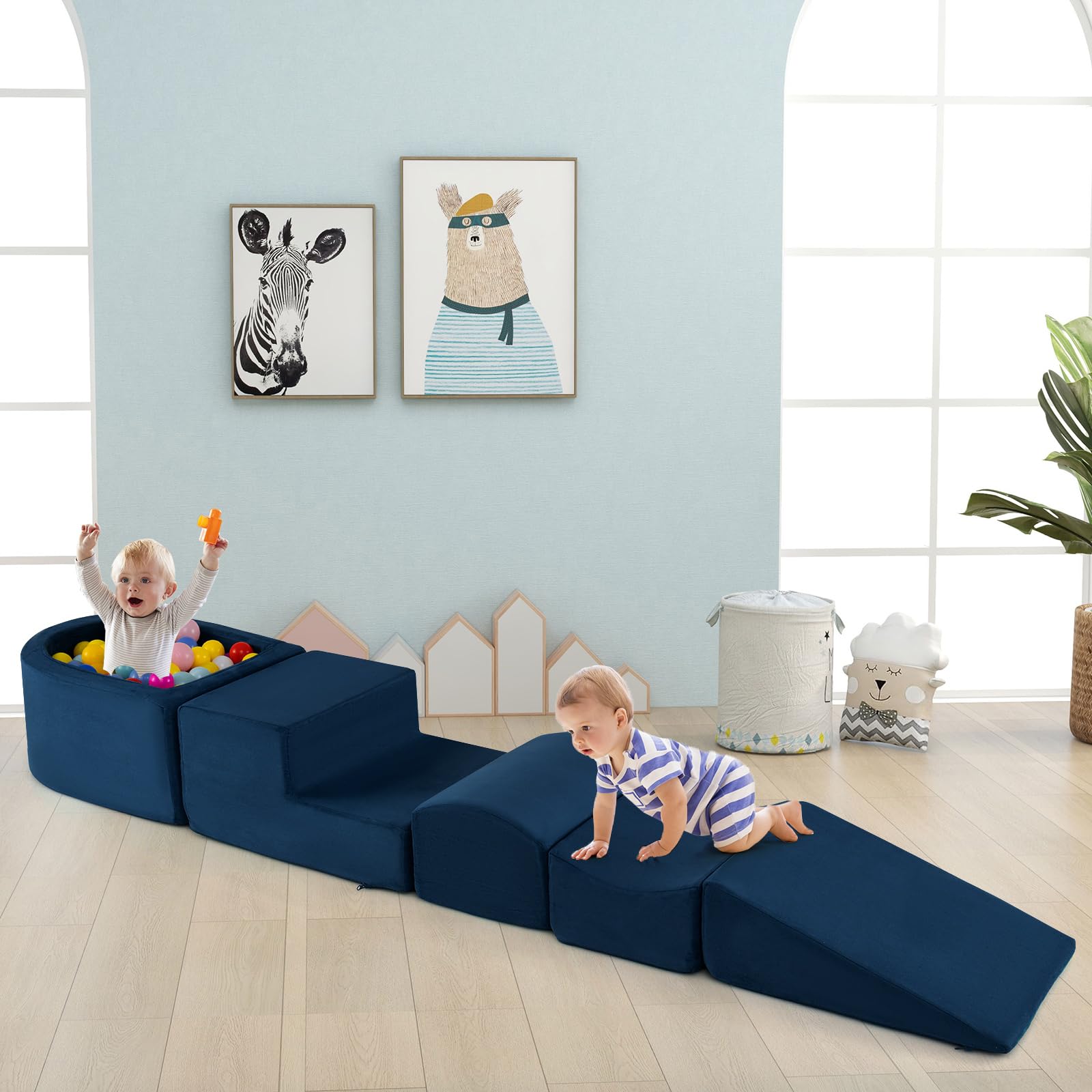 COSTWAY 5PCS Parcours Motricité Bébé en Mousse avec Piscine à Balles, Module Motricité Bébé avec Housse Lavable & Amovible, Jouets Éducatifs pour Ramper pour Enfants d'Âge Préscolaire, sans Balles