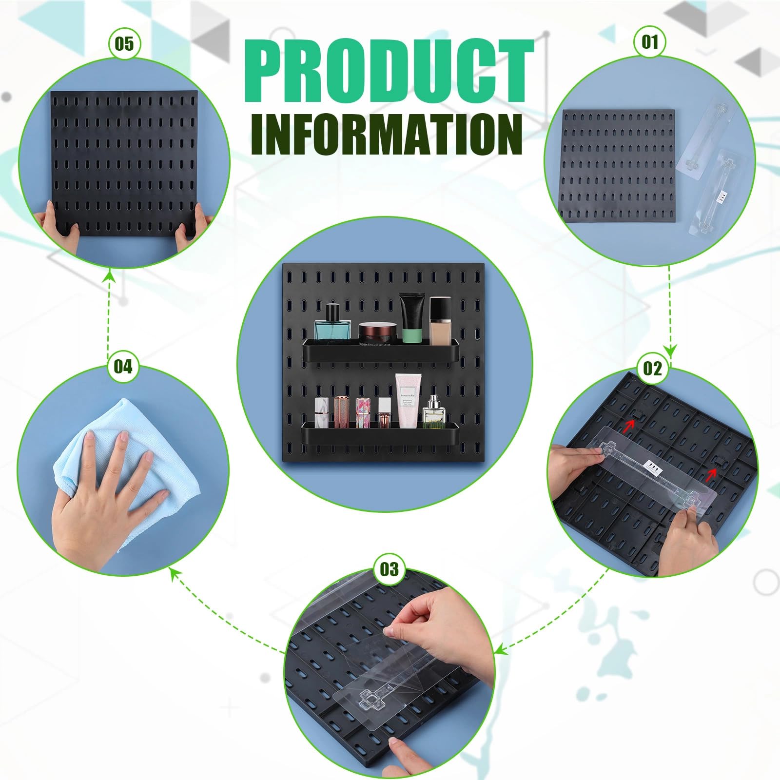 Kit de combinación de tablero perforado de 33 x 22 pulgadas y 16 accesorios de tablero de clavijas (contenedores de almacenamiento de estantes, soportes de gancho), soporte de pared para cocina, baño