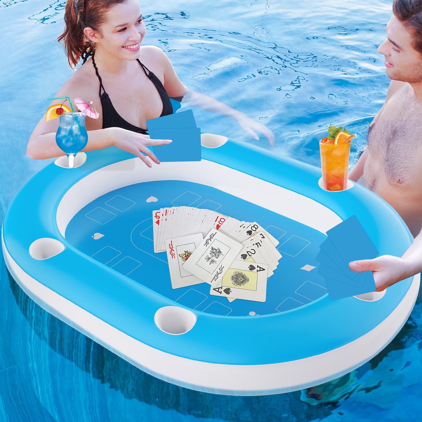 56IN Oversize Pool Games for Adults,Large Pool Table for Pool with Waterproof Playing Cards, Pool Accessories Hot Tub Tray Inflatable Food Drink Holder for Summer Party Indoor Outdoor Beach