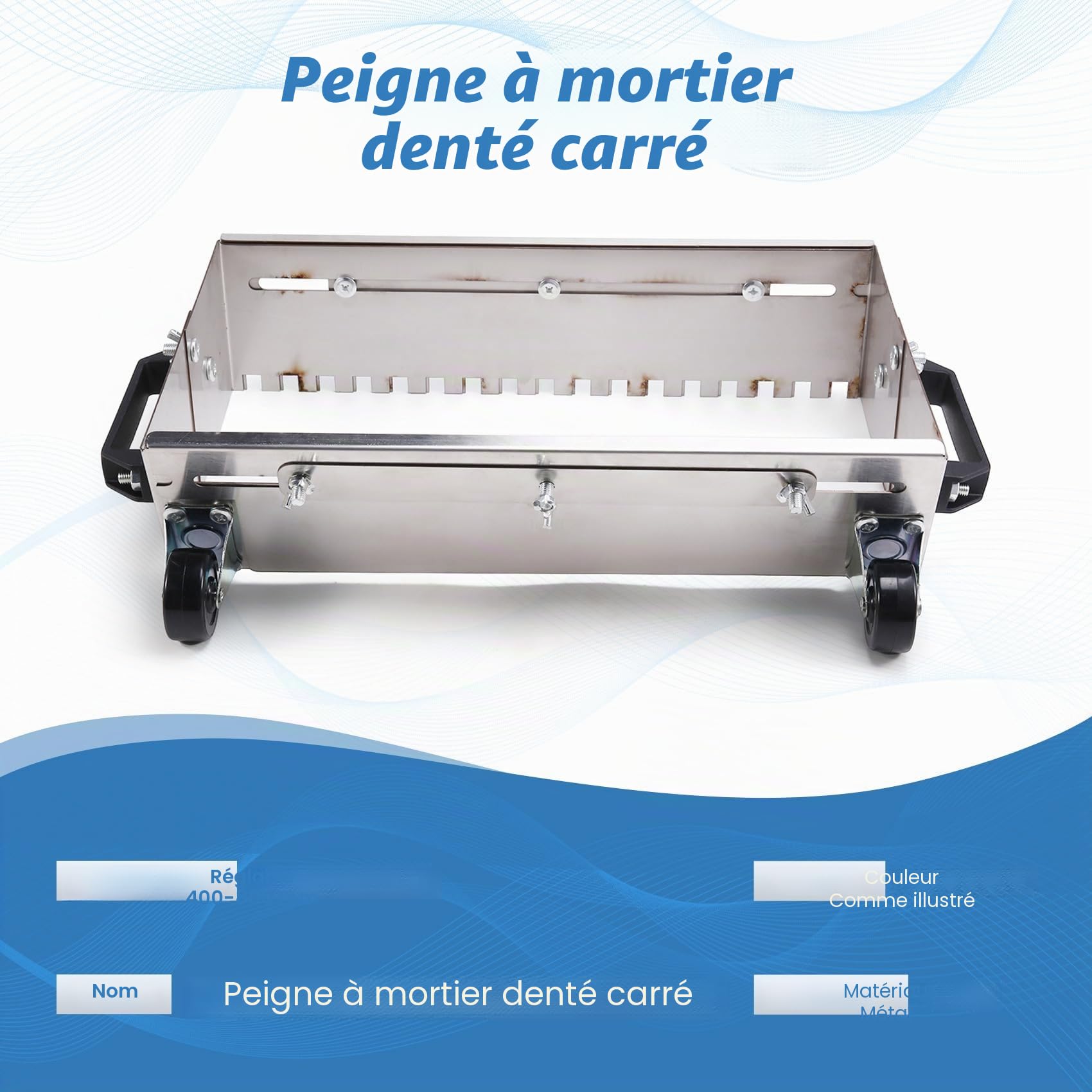 Truelle crantée carrée réglable de 400 à 800 mm pour une application et uniforme de la colle sur le sol.