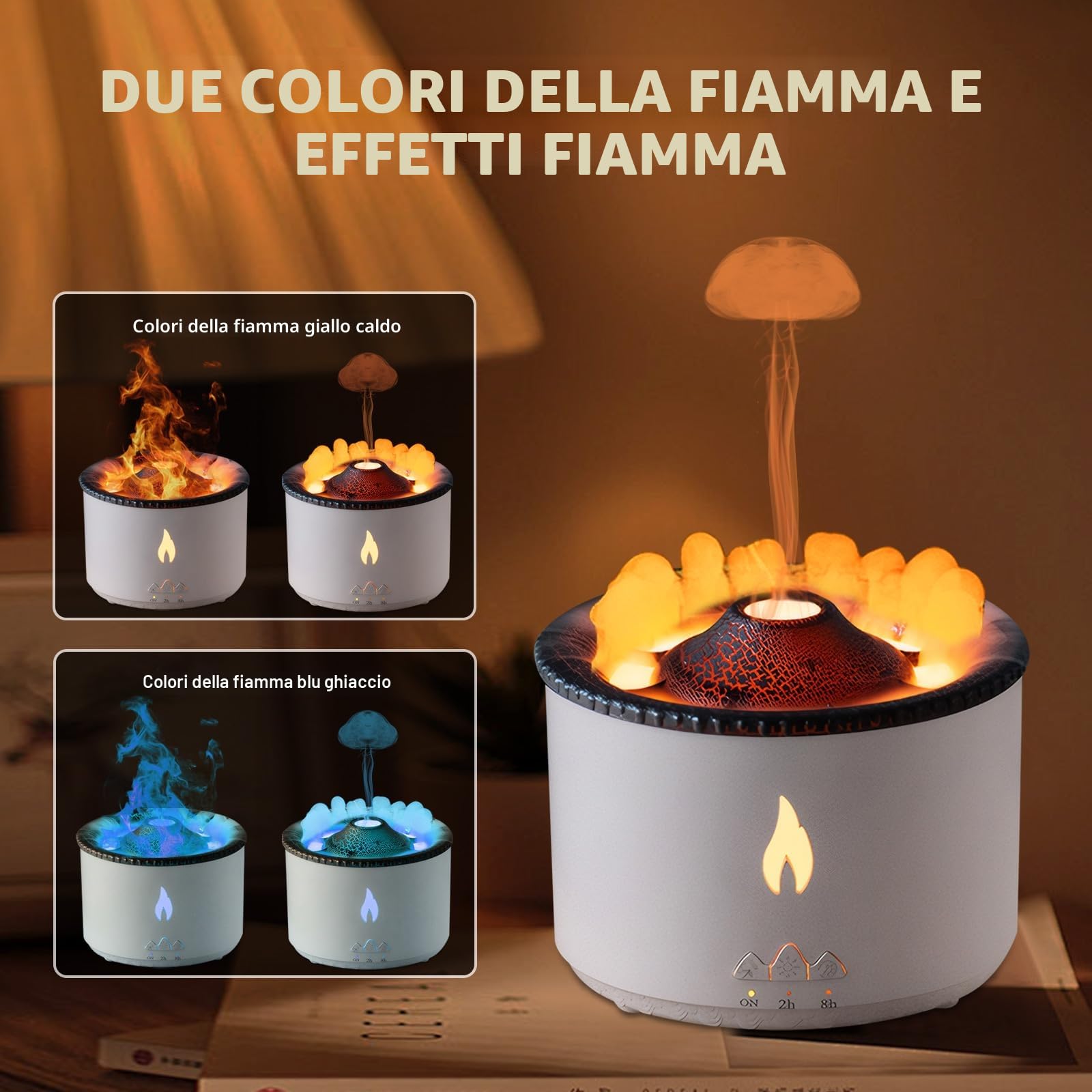 Diffusore di Aroma a Fiamma per Umidificatore Vulcano: Diffusore di Profumo Ultrasonico per Oli Essenziali 300ml Grande Capacità 2-in-1 con Timer Funzione per Camera da Letto (Senza Telecomando)