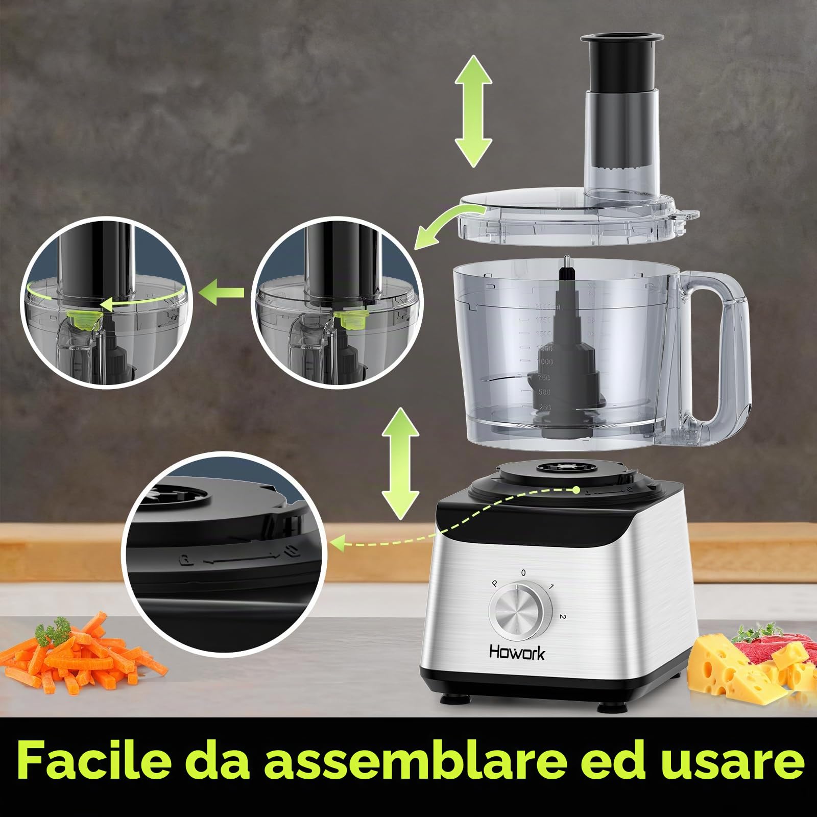 Howork Robot da Cucina multifunzione 1500W, Multifunzione di Grande Capacità, Per Tritare, Affettare, Sminuzzare, Tritare, Frullare, Sminuzzare,Farcire e Impastare, Acciaio Inox Nero