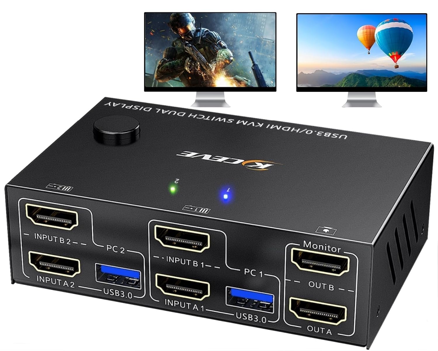 Commutateur KVM USB 3.0 HDMI 4K @ 60 Hz 2K @ 144 Hz, 2 PC 2 moniteurs, émulateur EDID, commutateur KVM double moniteur pour 2 ordinateurs partageant 2 écrans et 4 ports USB 3.0,télécommande filaire