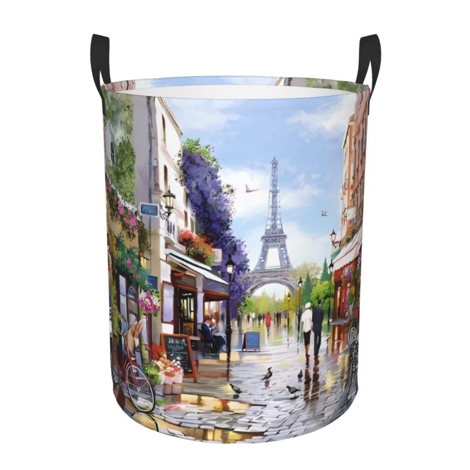 M Collapsible Paris Street Scene Eiffel Tower Print Circular Hamper Round
