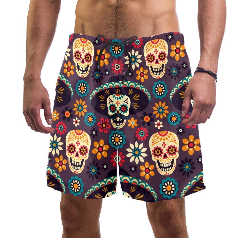Eslifey Men's Multi Man Beach Shorts Sugar Skulls And Flowers Swim Trunks Elastic Swimsuit Board Shorts For ,Xl