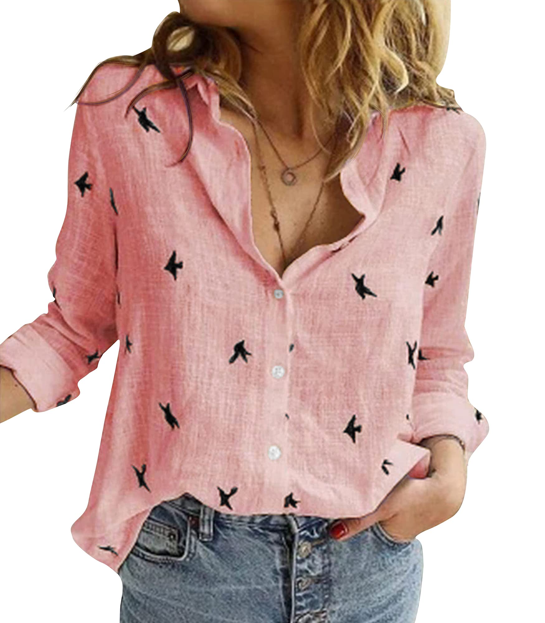 Livonmone Women's Pink Blouse Casual Long Sleeve Shirts V Neck Button Down Basic Loose Tunic Tops (, Xxl)