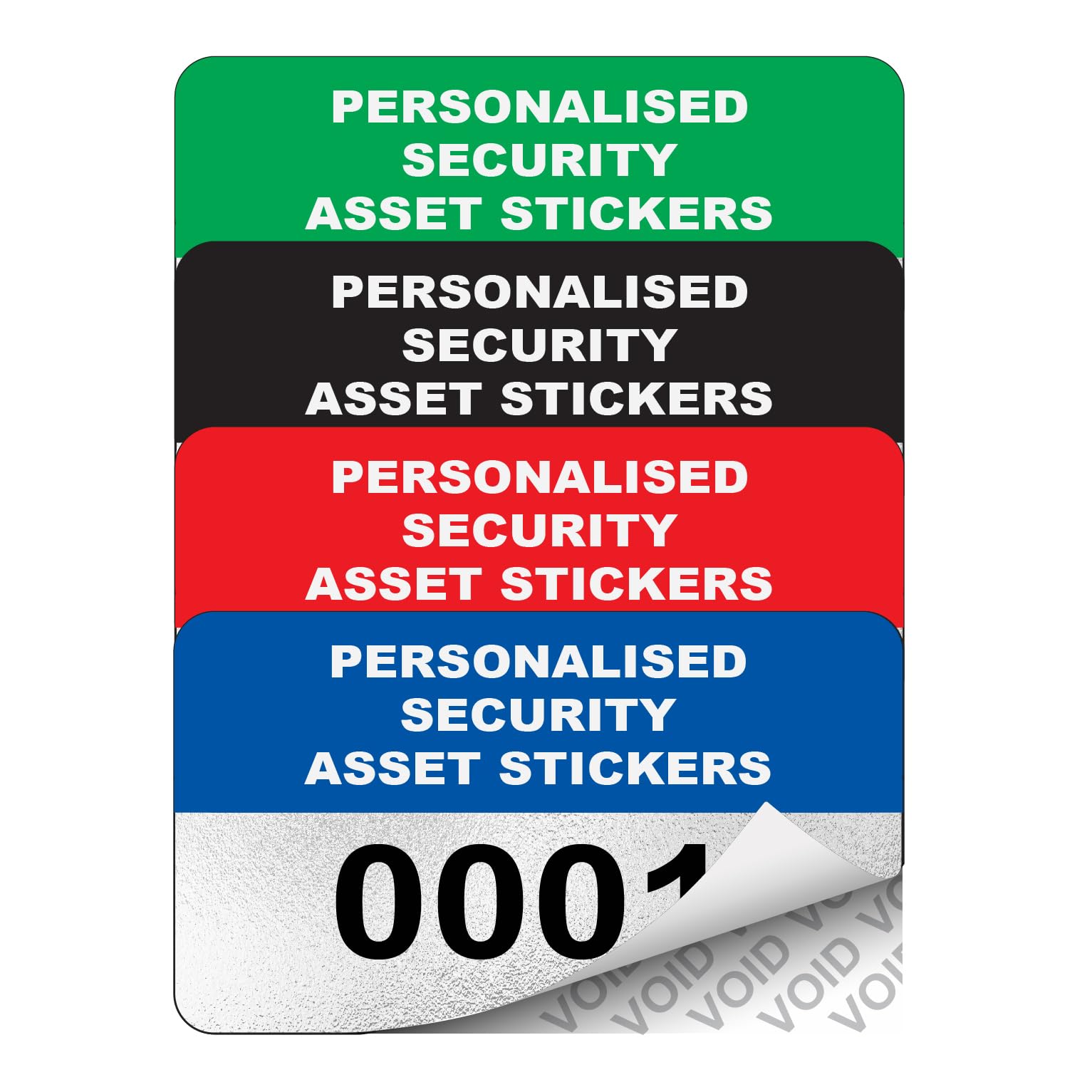 500 Personalised Void Security Asset Tag Labels Custom Stickers- 38mm x 21mm Silver Void Polyester Labels - Simple to Customize. Choose one of 7 Colours, imput Your Text and Number Range