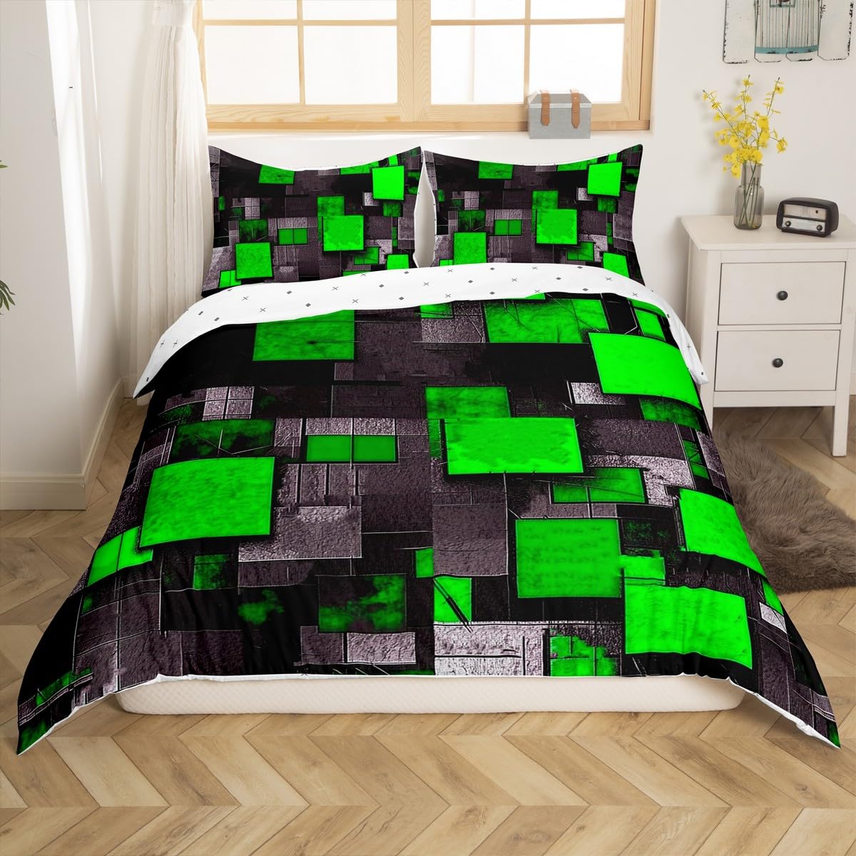 richhome Single Size Geometric Grid Bedding Set Green Black Duvet Cover Abstract Art Comforter Cover Boys Girls Bedspread Cover Kids Bedroom Decor 2Pcs With 1 Pillow Case - Image 4