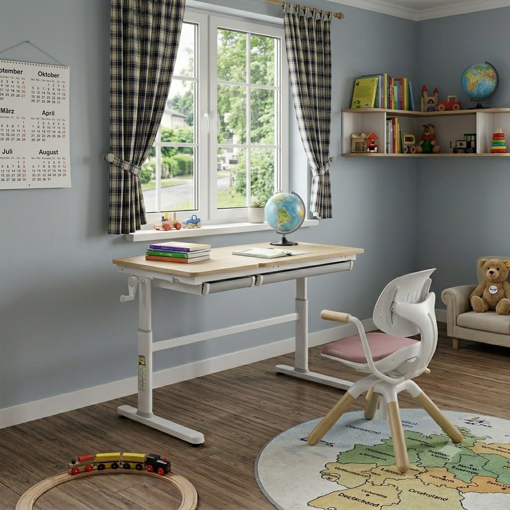 HOKO Kinderschreibtisch, Höhenverstellbar Kinderschreibtische 120x60 cm, Schreibtisch Kinder ab 6 Jahren, neigbare Tischplatte mit Schubladen, 100kg Belastbarkeit, Verstellbar von 54-76cm (Holz,CELIN)