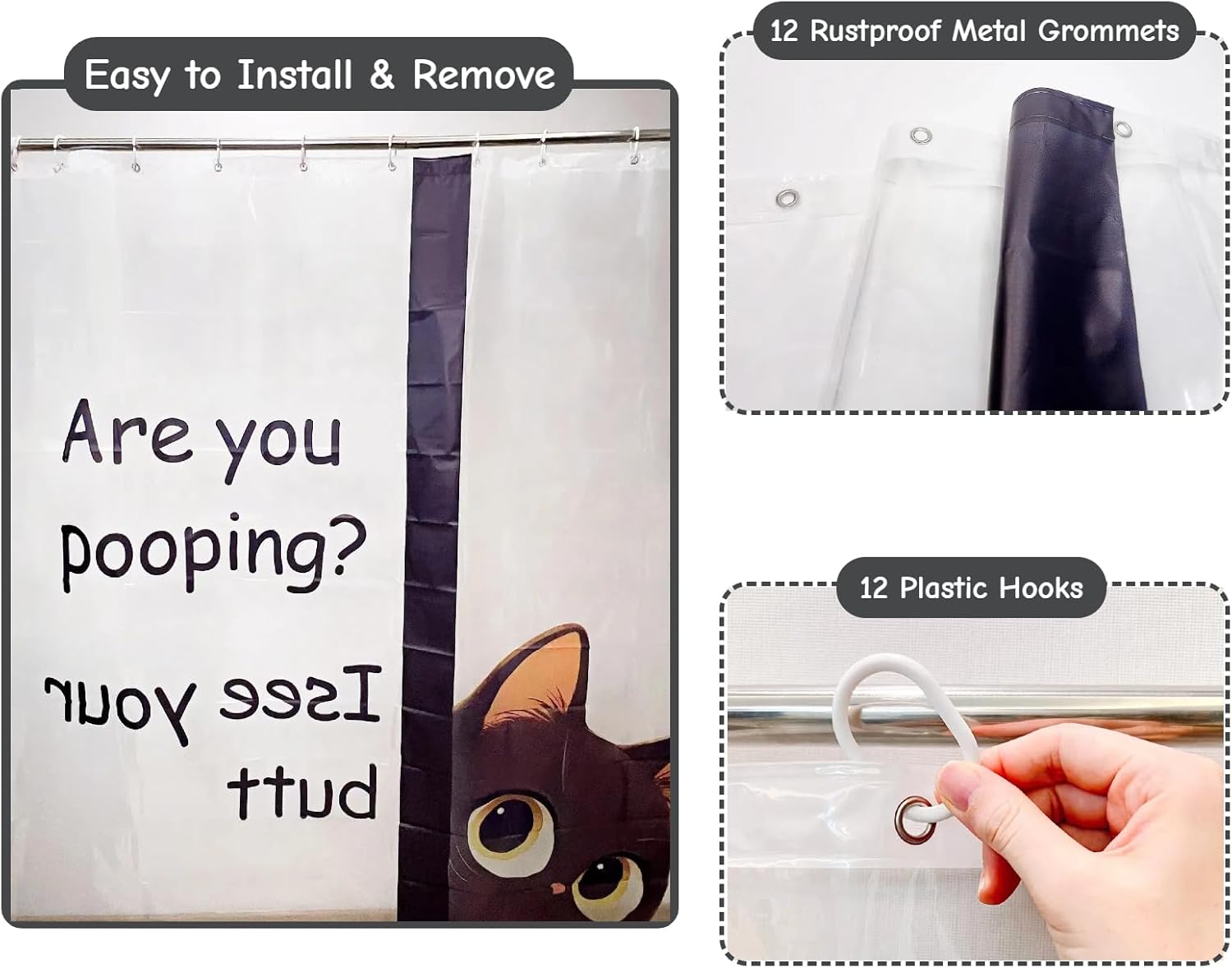 Clear Cute Funny Black Cat Shower Curtain Liner, Are You Pooping Shower Curtain, Fun Anime Cat Shower Curtains for Bathroom, 72x78 Plastic Cool Summer Shower Curtain Set with Weighted Magnets 12 Hooks